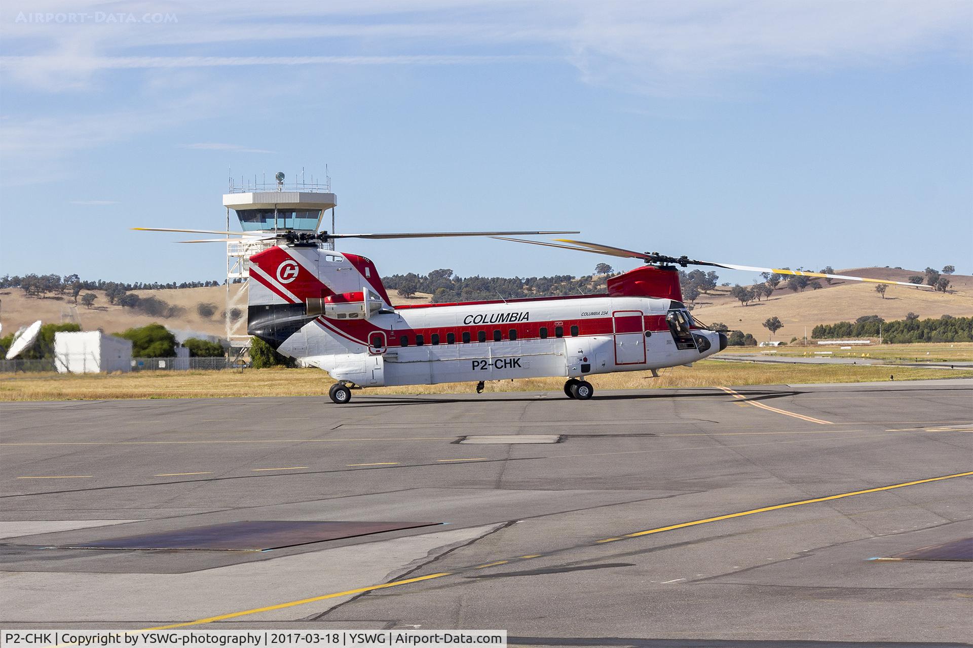 P2-CHK, 1981 Boeing 234UT Chinook C/N B.839, Columbia Helicopters (P2-CHK) Boeing-Vertol Chinook 234UT taxiing at Wagga Wagga Airport
