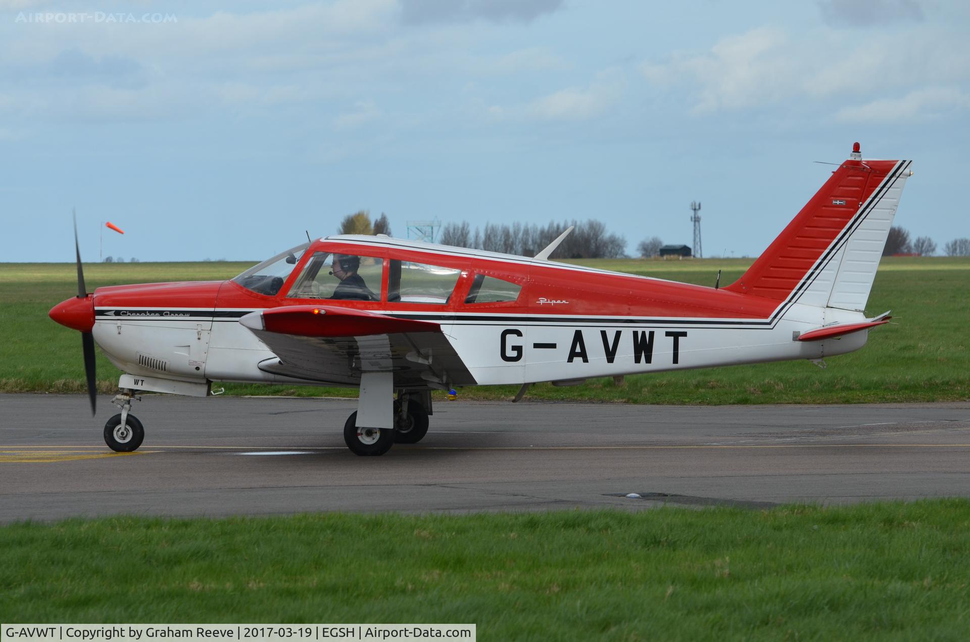 G-AVWT, 1968 Piper PA-28R-180 Cherokee Arrow C/N 28R-30362, Just landed at Norwich.