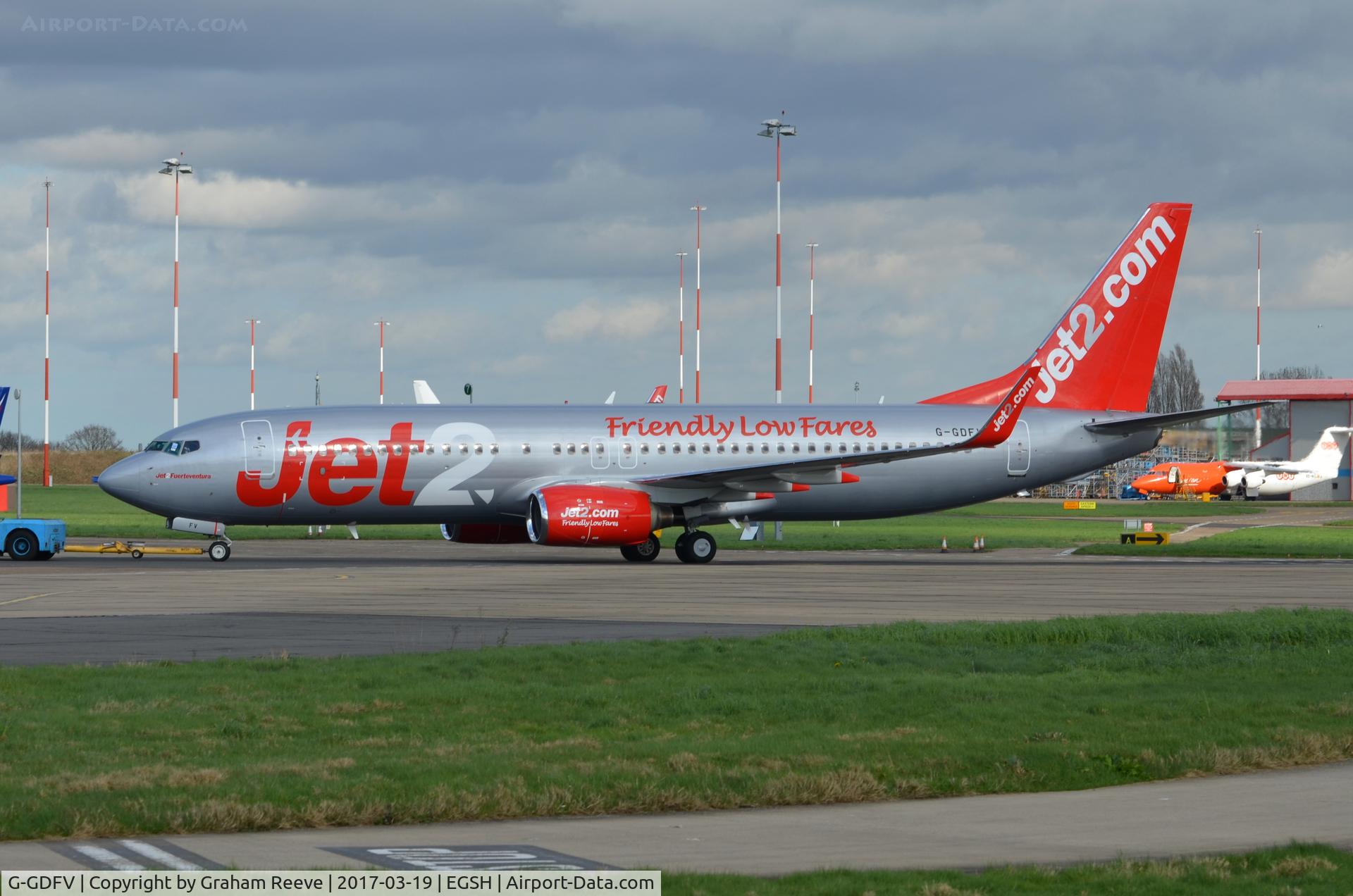 G-GDFV, 1998 Boeing 737-85F C/N 28821, Under tow at Norwich.