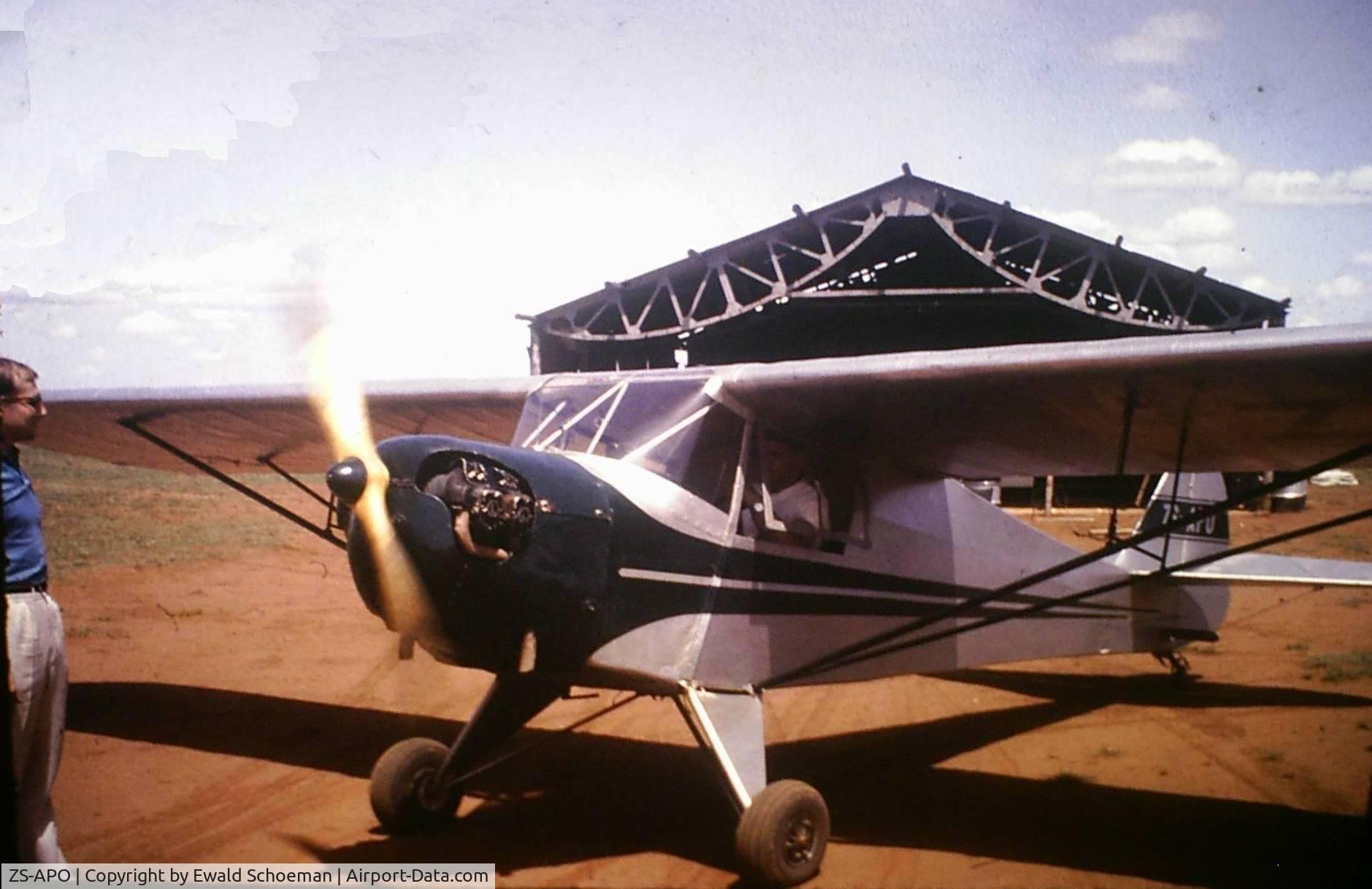 ZS-APO, Taylorcraft BL-65 (L-2F) C/N 1167, This Taylorcraft was owned by the Carletonville Flying Club in Carletonville South Africa. I did my private pilots license on this aeroplane in 1964. It was fitted with a Lycoming four cylinder  boxer engine and could perform spinning from safe altitudes.