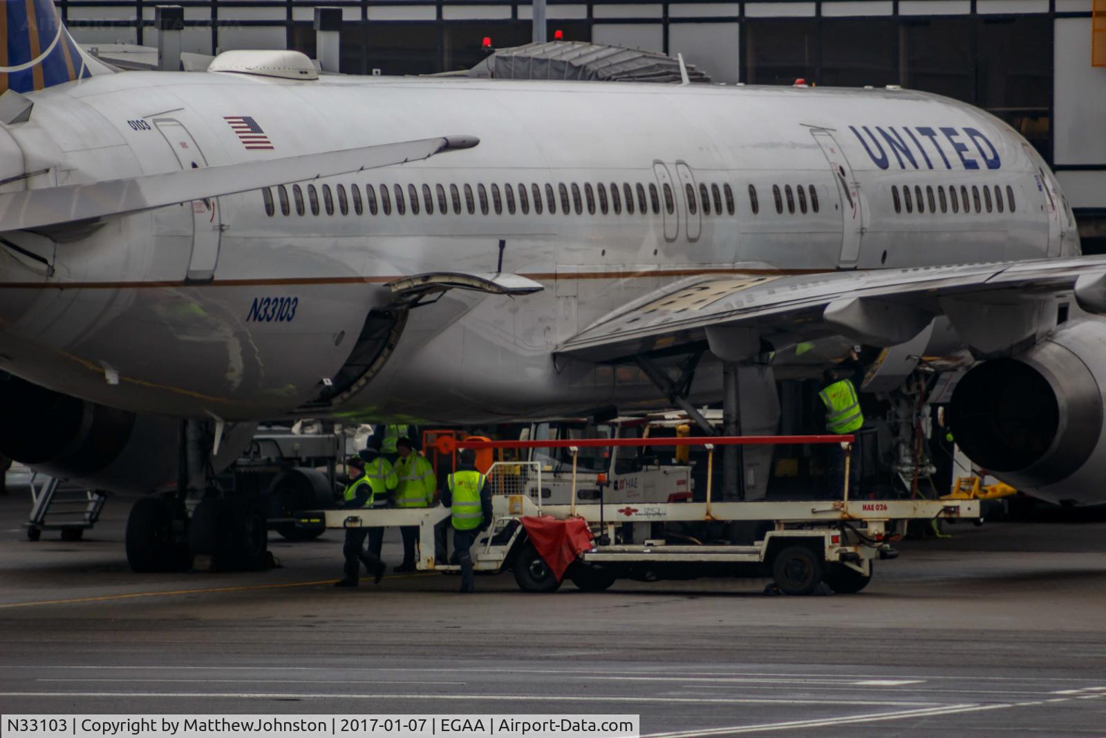 N33103, 1994 Boeing 757-224 C/N 27293, One of United's last flights operating out of EGAA BFS. Parked on stand 22 B752.