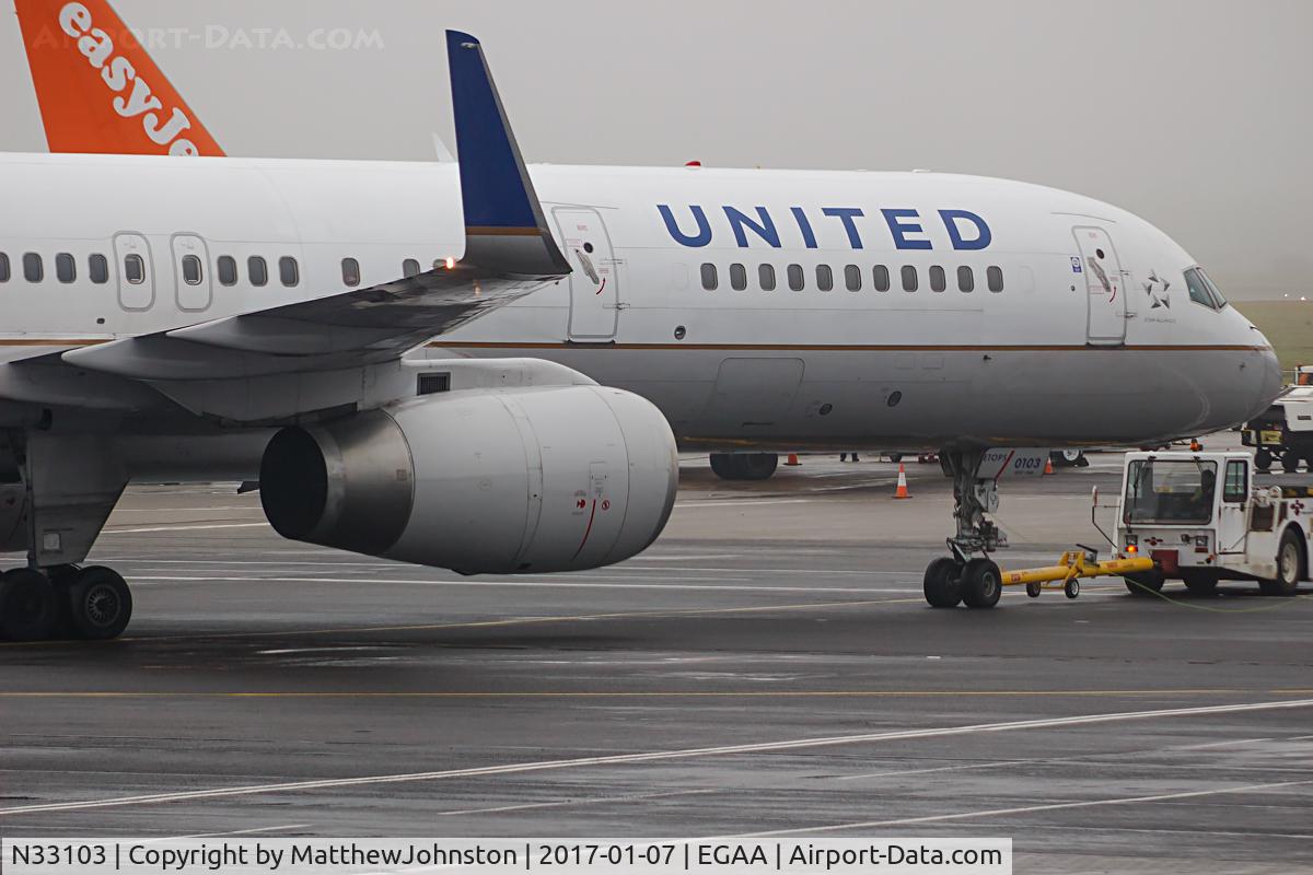 N33103, 1994 Boeing 757-224 C/N 27293, One of United's last flights operating out of EGAA BFS. Pushing from stand 22.