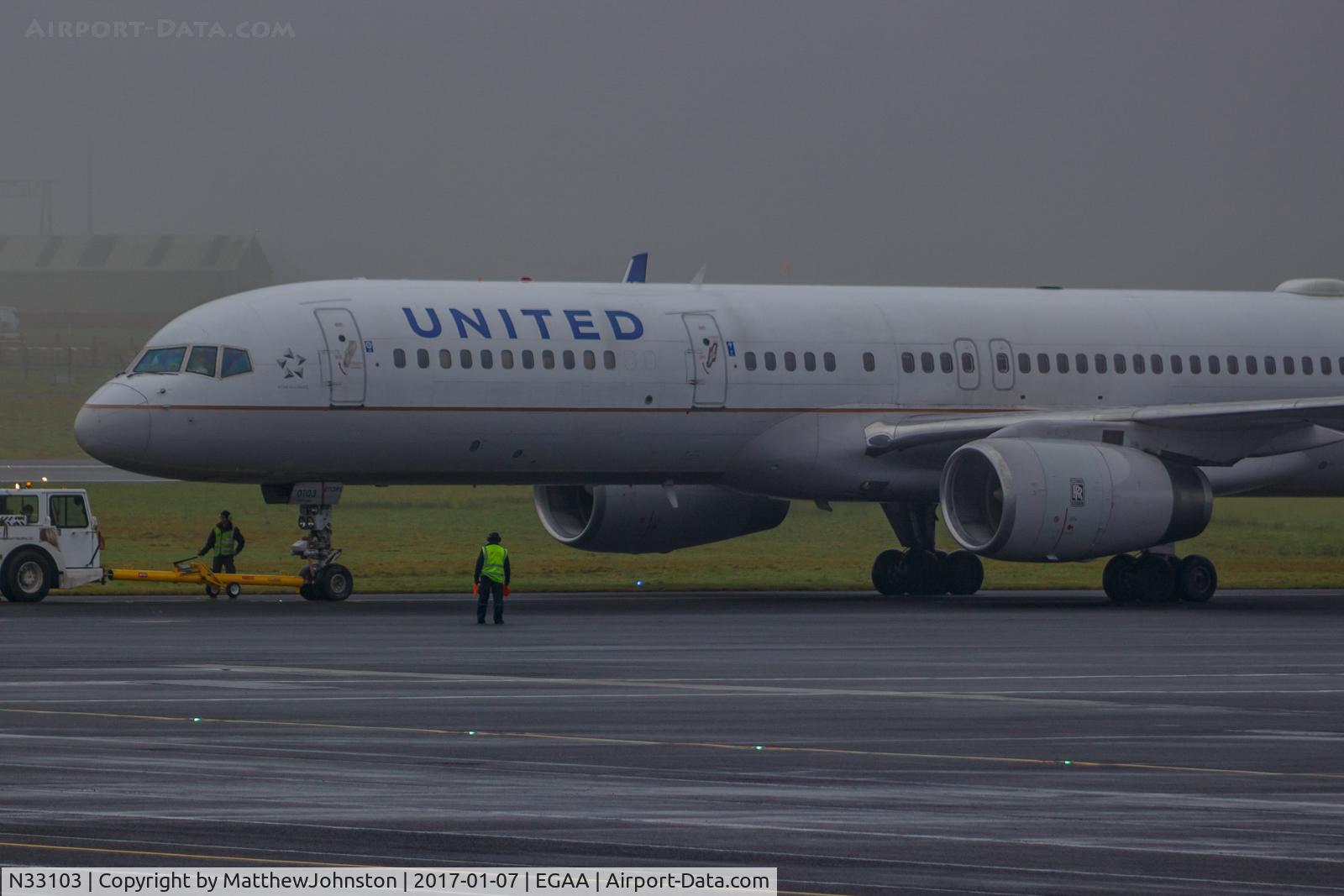 N33103, 1994 Boeing 757-224 C/N 27293, One of United's last flights operating out of EGAA BFS. Preparing for taxi for a full length departure RWY 25.