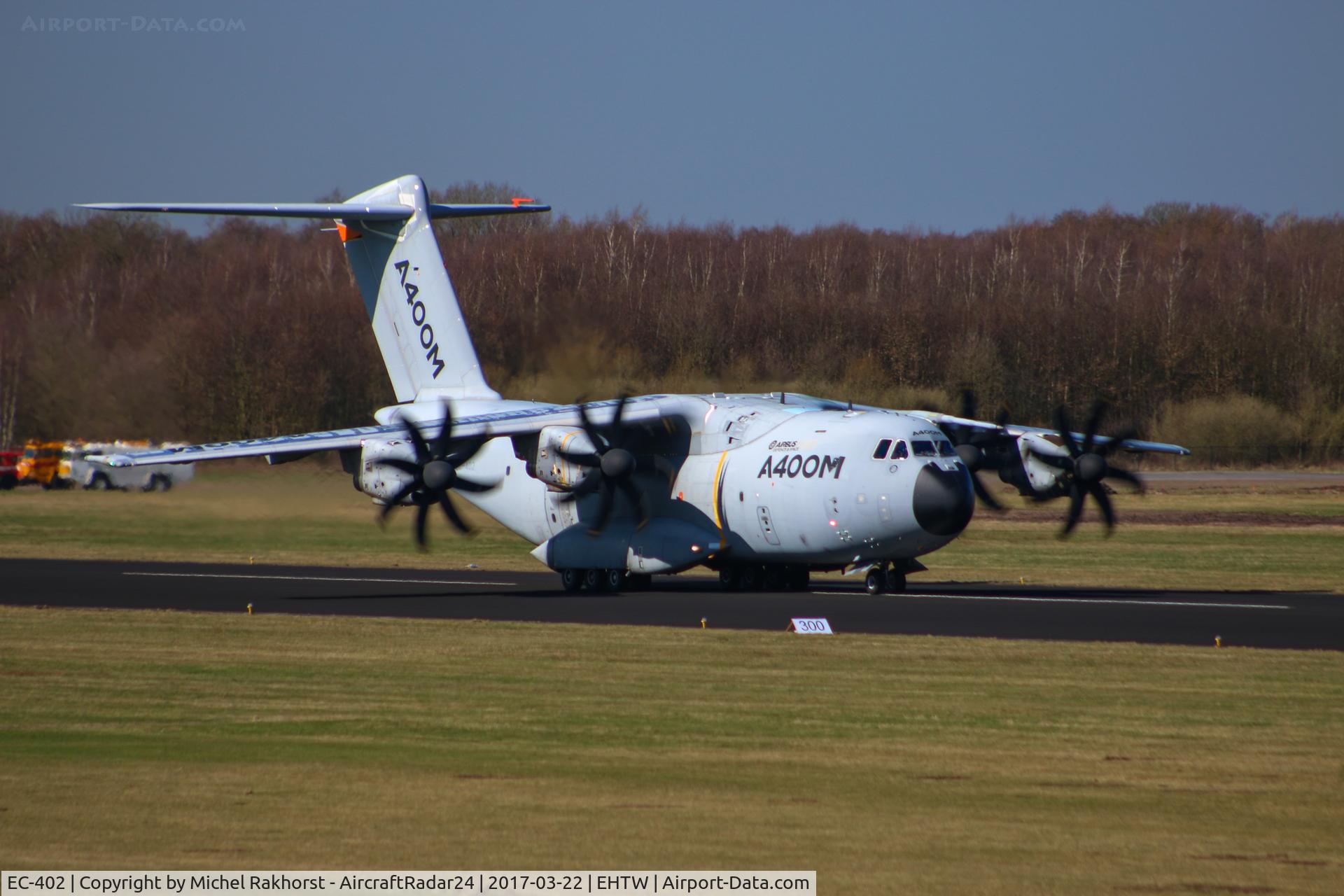 EC-402, 2010 Airbus A400M Atlas C/N 002, EC-402 is backtracking to Runway 23 after a wet runway simulation test.