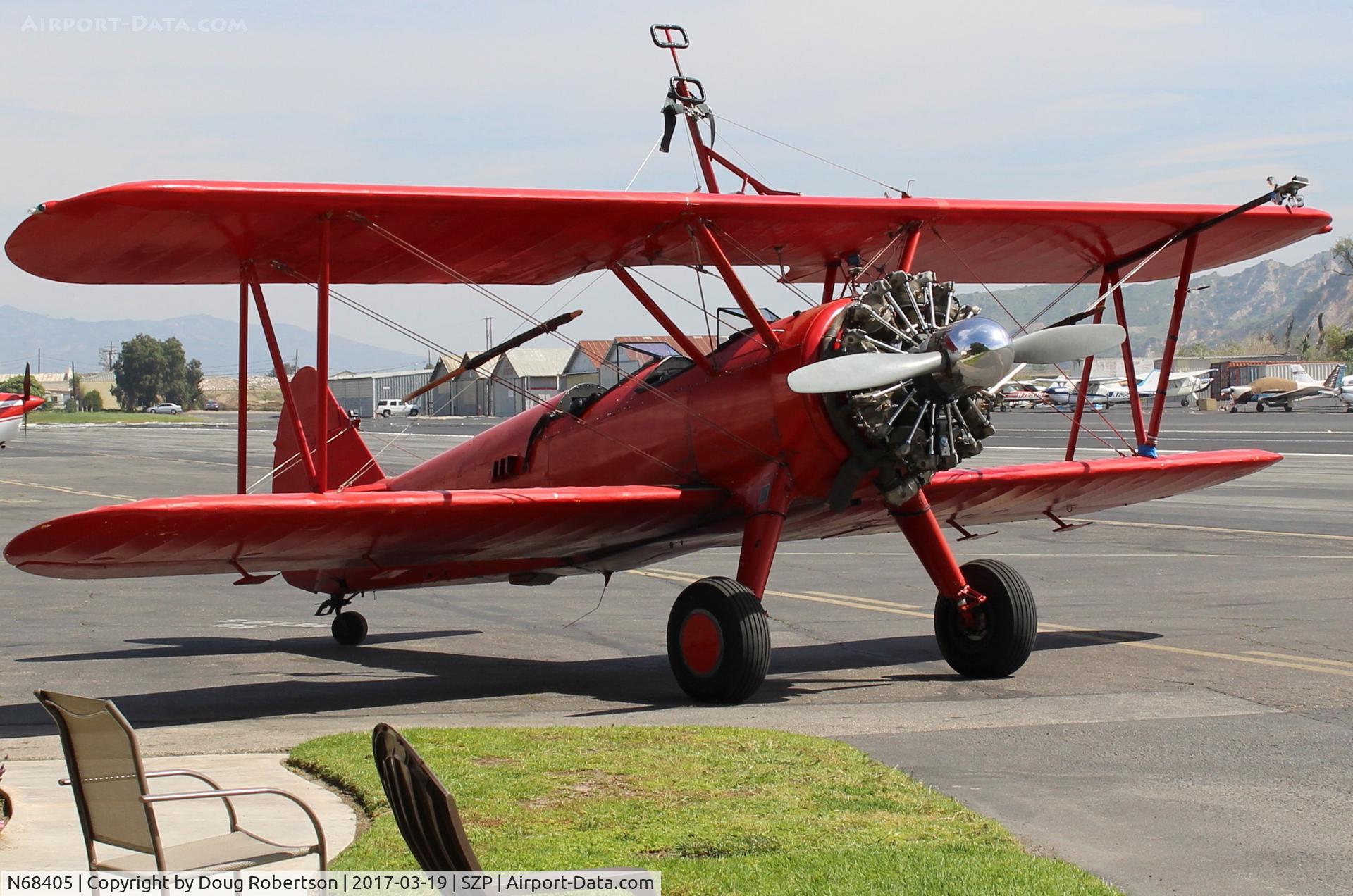 N68405, 1943 Boeing A75N1(PT17) C/N 75-7759, 1943 Boeing Stearman N75N1 (PT-17), Pratt & Whitney R-985 Wasp Jr. 450 Hp upgrade from original Continental W670 220 Hp radial. Set up for aerobatics with wing rider.