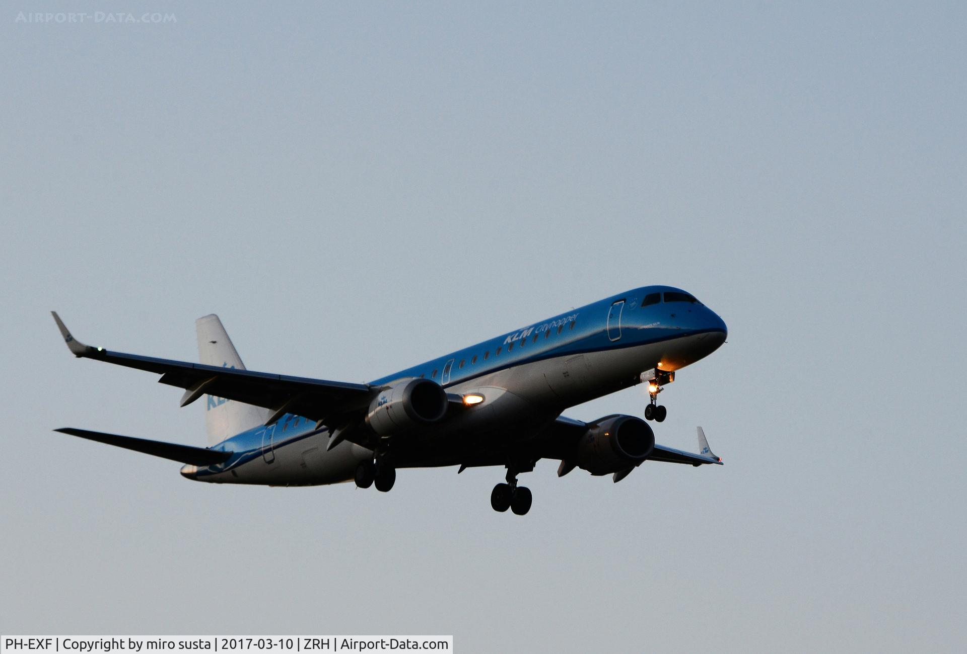 PH-EXF, 2015 Embraer 190STD (ERJ-190-100) C/N 19000690, KLM Cityhopper Embraer ERJ-190-100 airplane approaching Zurich-Kloten International Airport in Switzerland