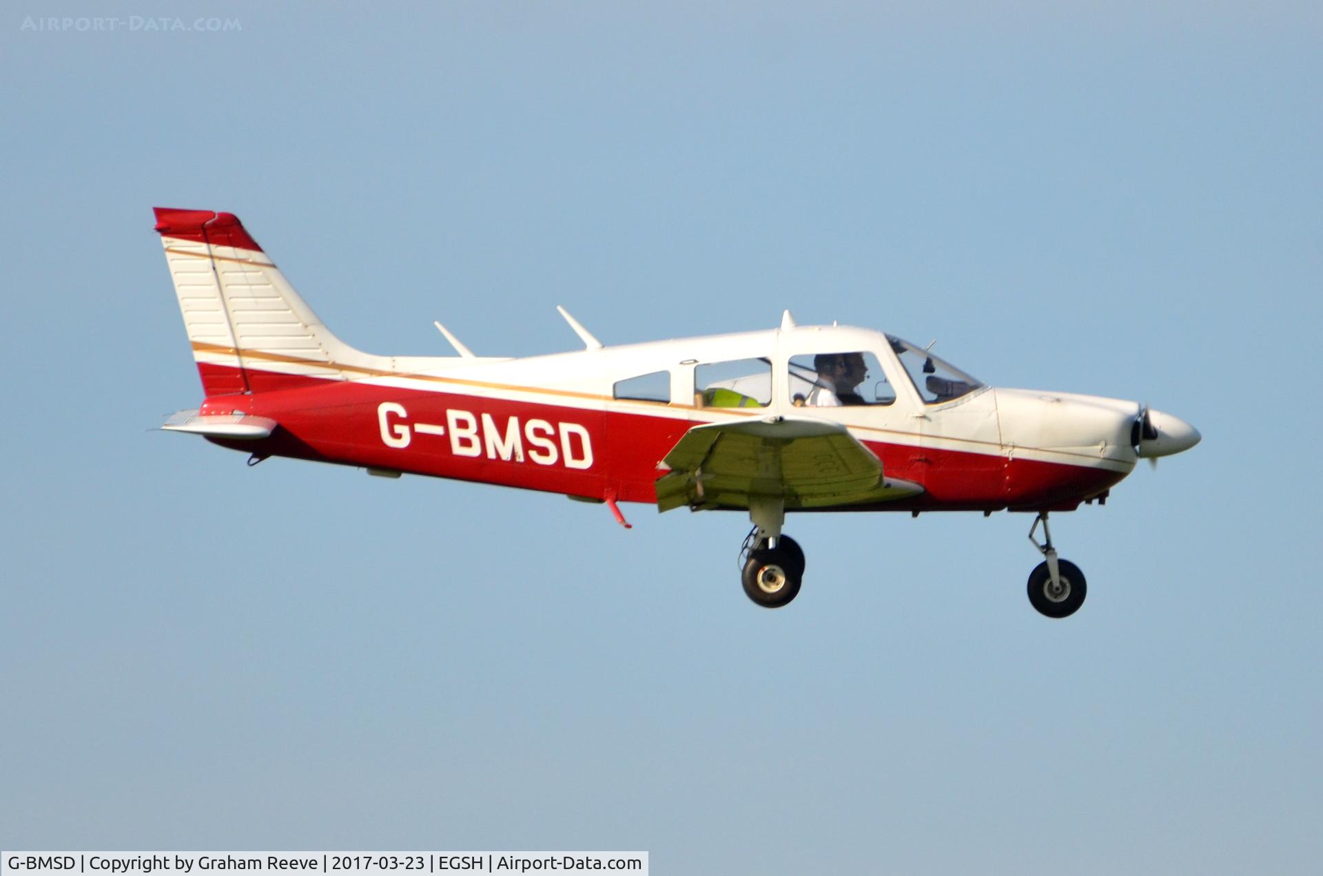 G-BMSD, 1976 Piper PA-28-181 Cherokee Archer II C/N 28-7690070, Landing at Norwich.