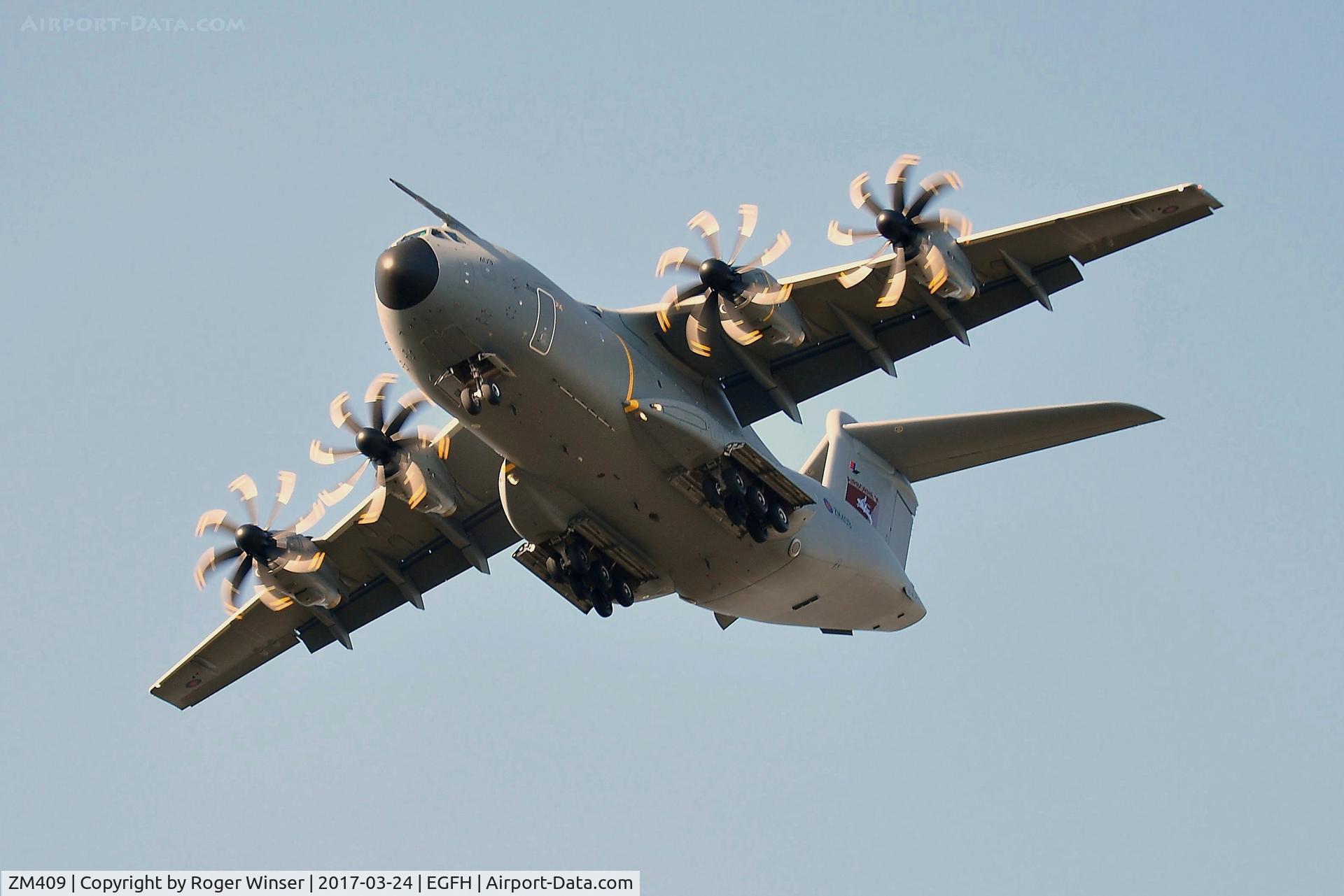 ZM409, 2016 Airbus A400M Atlas C.1 C/N 034, RAF Atlas C.1 aircraft coded 409 of the Brize Norton Transport Wing lining up for a low pass over Runway 22. With 'AIRBORNE 16 - 75 YEARS OF THE AIRBORNE BRIGADE' markings on the fin.