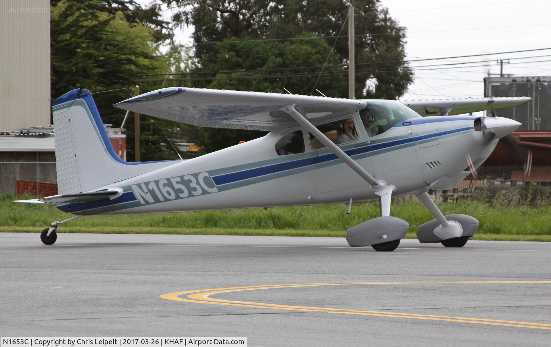 N1653C, 1953 Cessna 180 C/N 30353, 1953 Cessna 180 from Palo Alto taxing out at Half Moon Bay Airport, CA.
