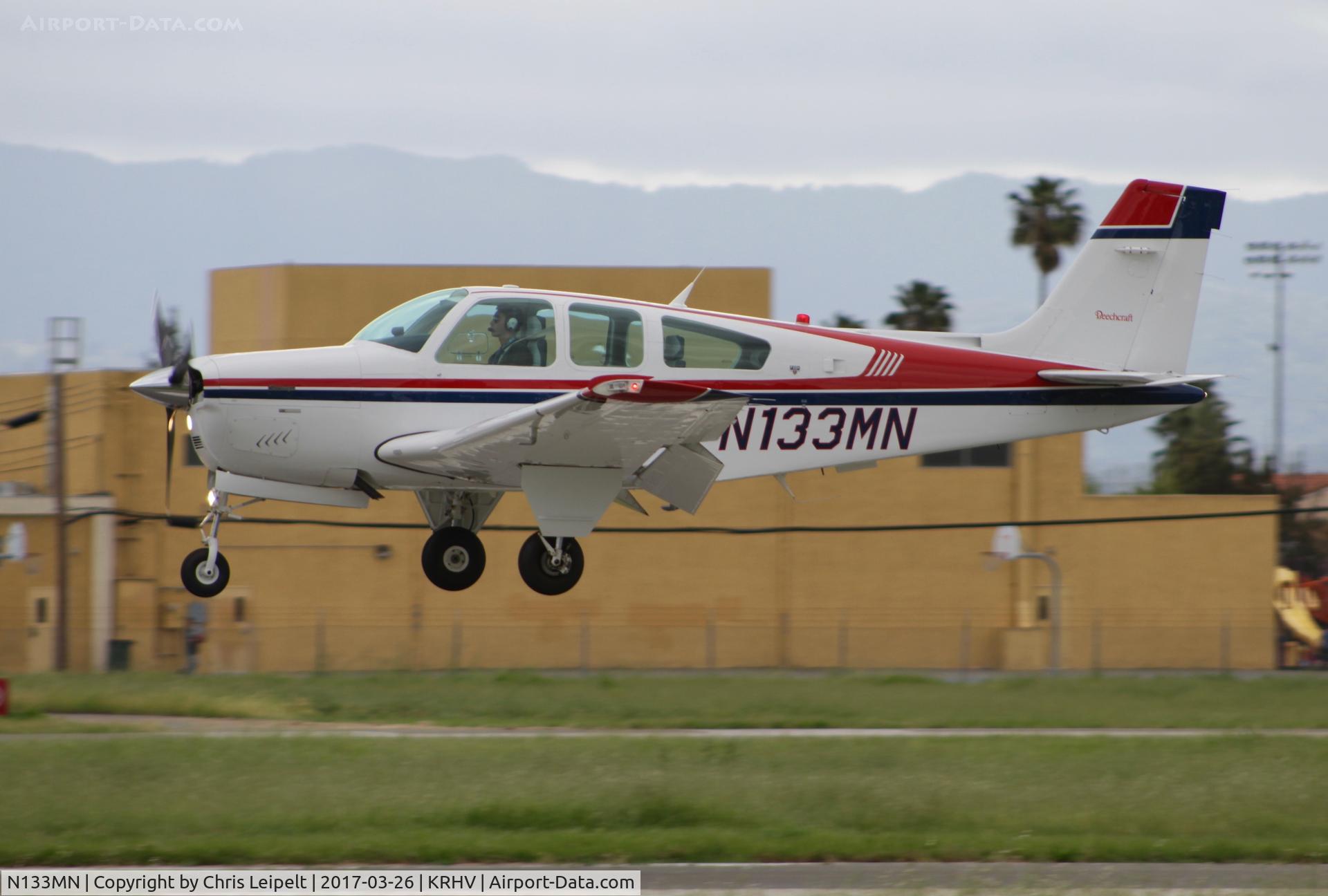 N133MN, 1993 Beech F33A Bonanza C/N CE1728, Locally-based 1993 Beechcraft F33A Bonanza landing on 13L at Reid Hillview Airport, San Jose, CA.