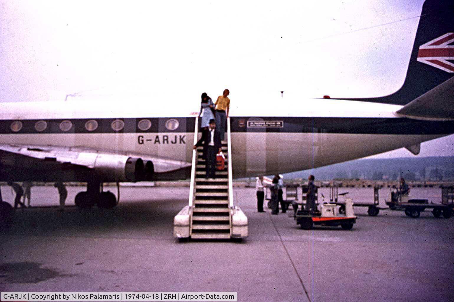 G-ARJK, 1961 De Havilland DH.106 Comet 4B C/N 6452, Arriving at Kloten Airport for short holidays. Taken from the passenger van