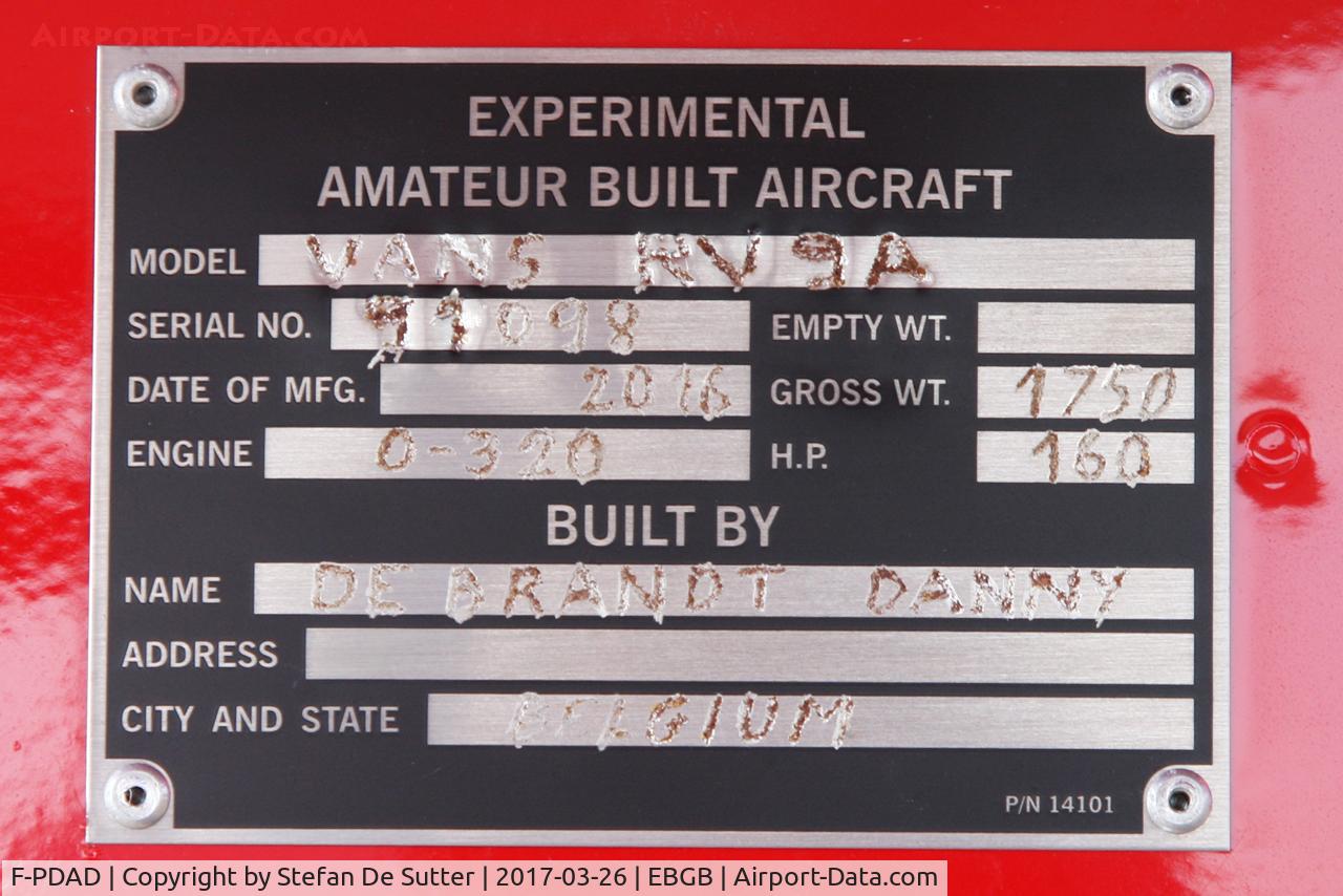 F-PDAD, 2016 Van's RV-9A C/N 91098, ID plate.