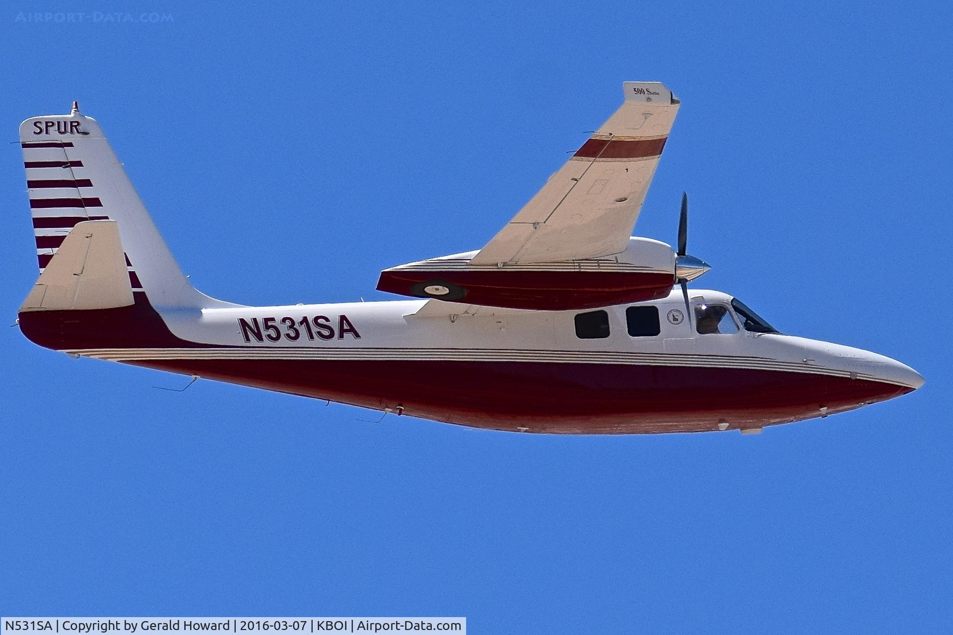 N531SA, 1969 Aero Commander 500 S C/N 3059, Departing BOI from RWY 28R.  Flown during the fire season as a spotter aircraft for the Forest Service.
