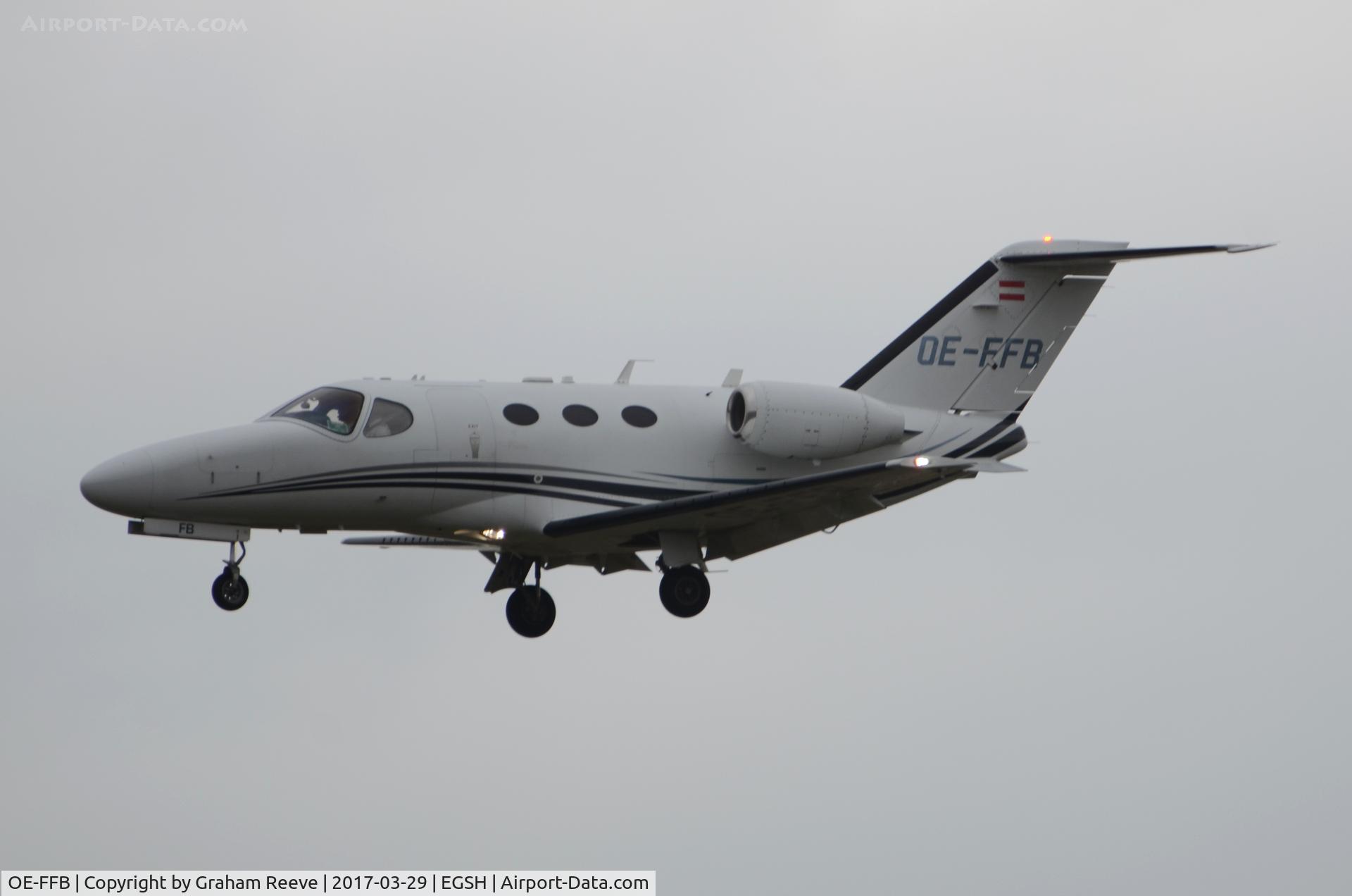 OE-FFB, 2008 Cessna 510 Citation Mustang Citation Mustang C/N 510-0065, Landing early evening at Norwich.