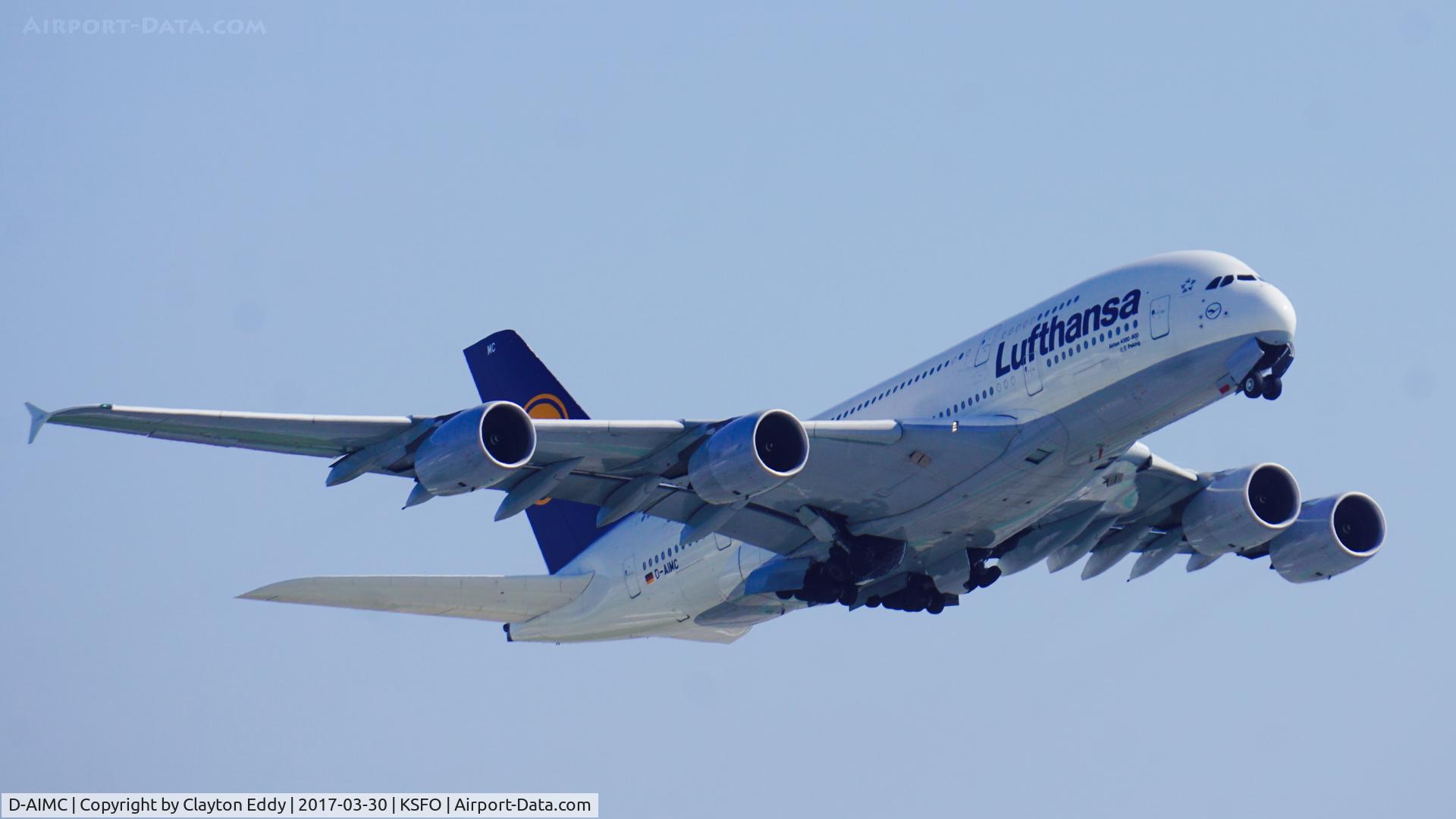 D-AIMC, 2010 Airbus A380-841 C/N 044, Departing 28R at SFO 2017.