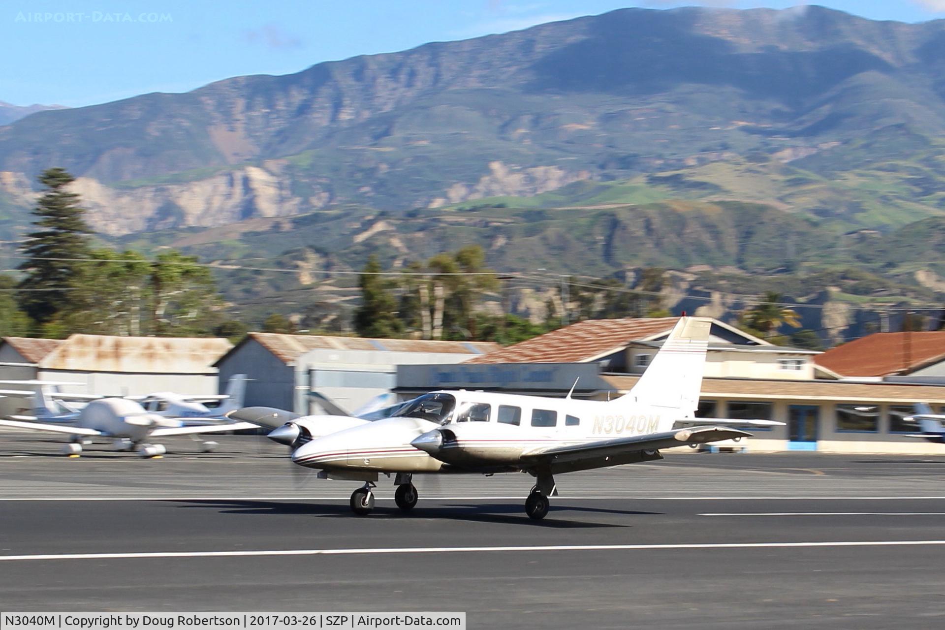 N3040M, 1979 Piper PA-34-200T Seneca II C/N 34-7970105, 1979 Piper PA-34-200T SENECA II, two Continental TSIO-360-E turbocharged and counter-rotating 200 Hp each, this version has seven seats, landing roll Rwy 22