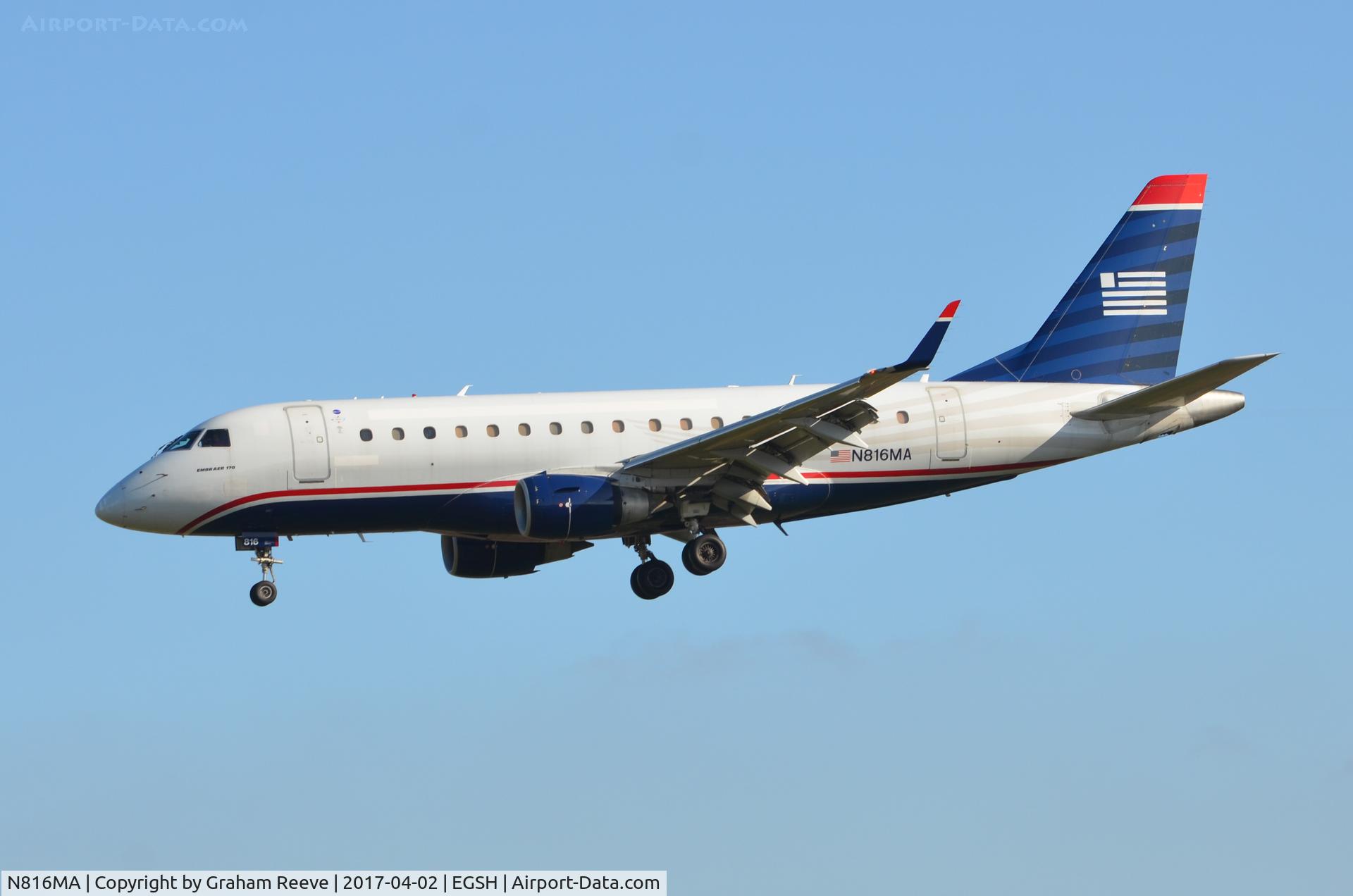 N816MA, 2004 Embraer 170SU (ERJ-170-100SU) C/N 17000037, Landing at Norwich.