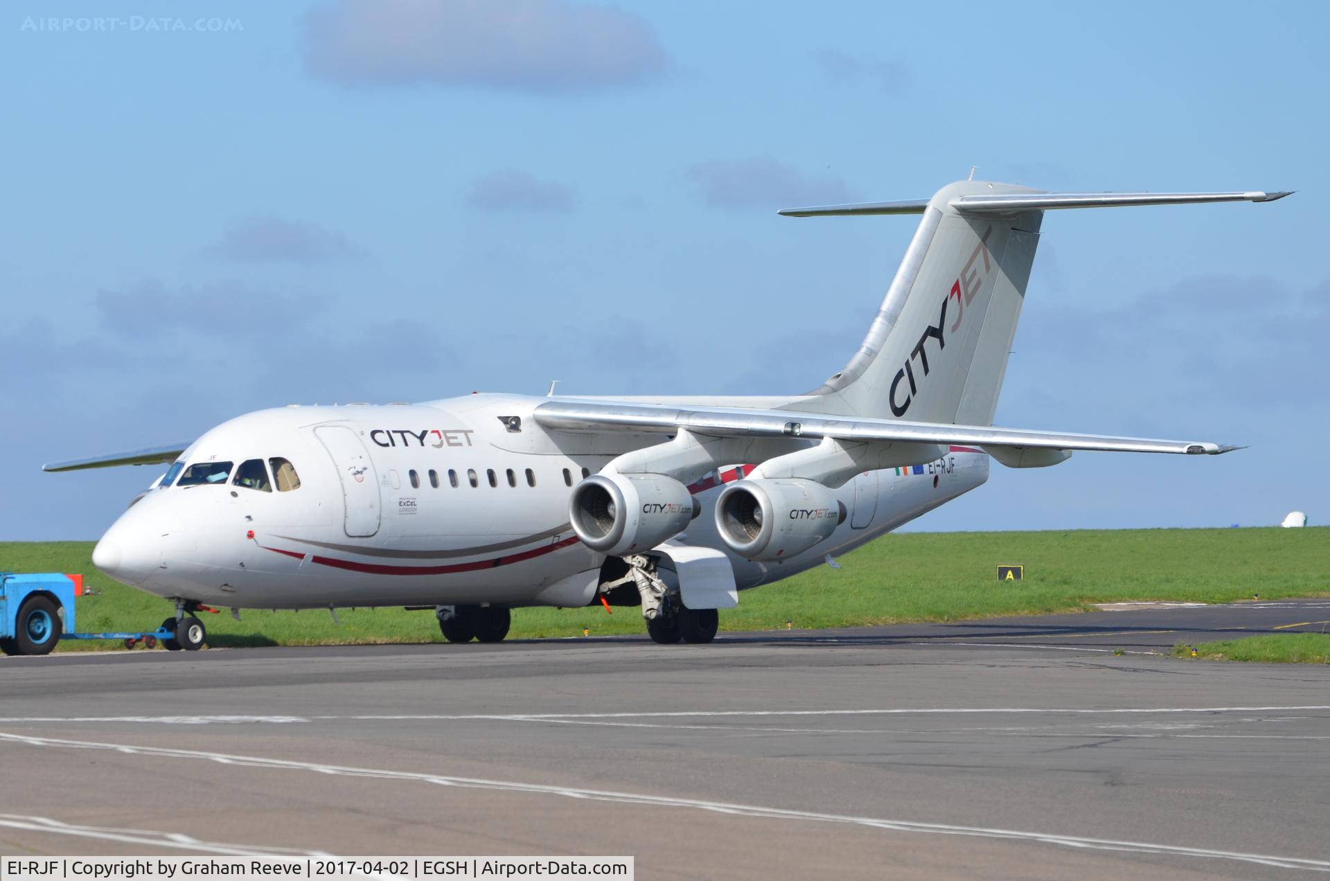 EI-RJF, 1998 British Aerospace Avro 146-RJ85A C/N E2337, Under tow at Norwich.