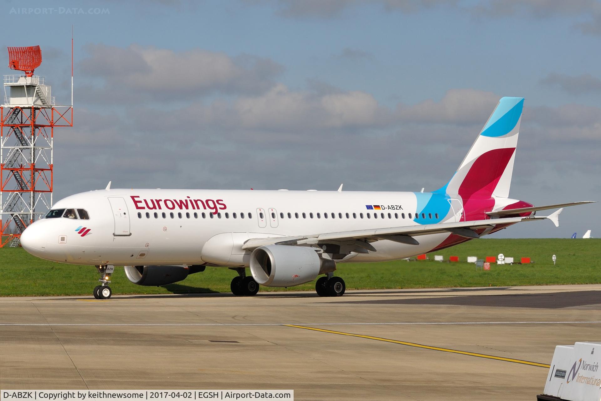 D-ABZK, 2007 Airbus A320-216 C/N 3213, Leaving Norwich following re-spray to Eurowings.