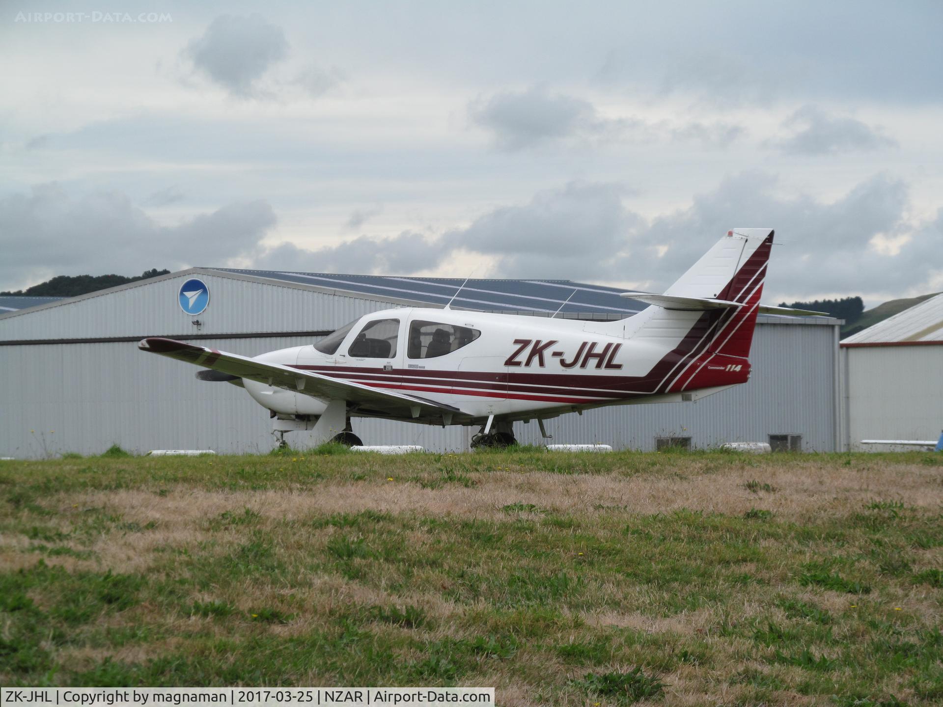 ZK-JHL, 1977 Rockwell Commander 114 C/N 14263, on grass visitor parking by cafe