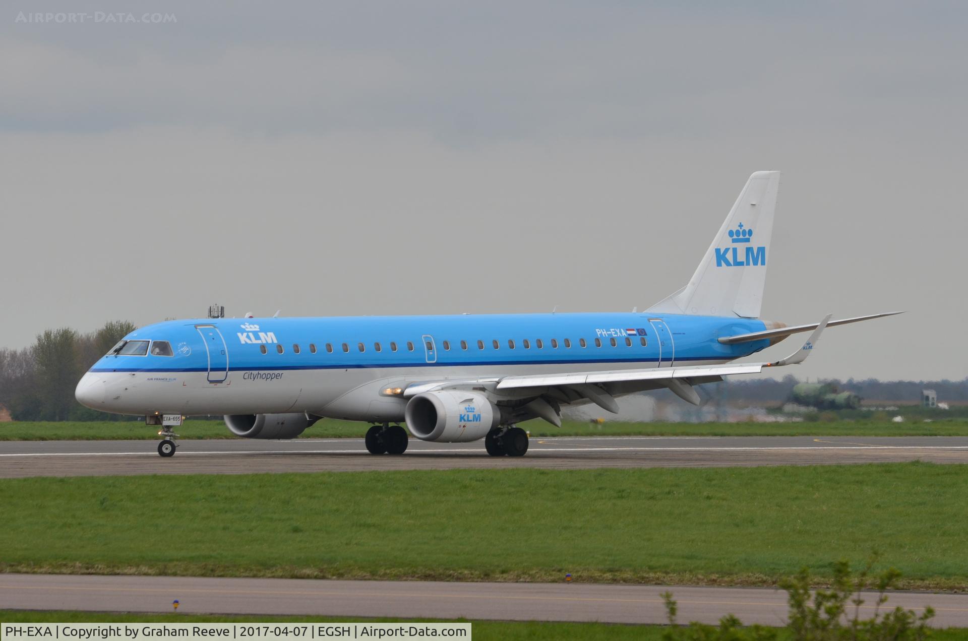 PH-EXA, 2013 Embraer 190LR (ERJ-190-100LR) C/N 19000655, Just landed at Norwich.