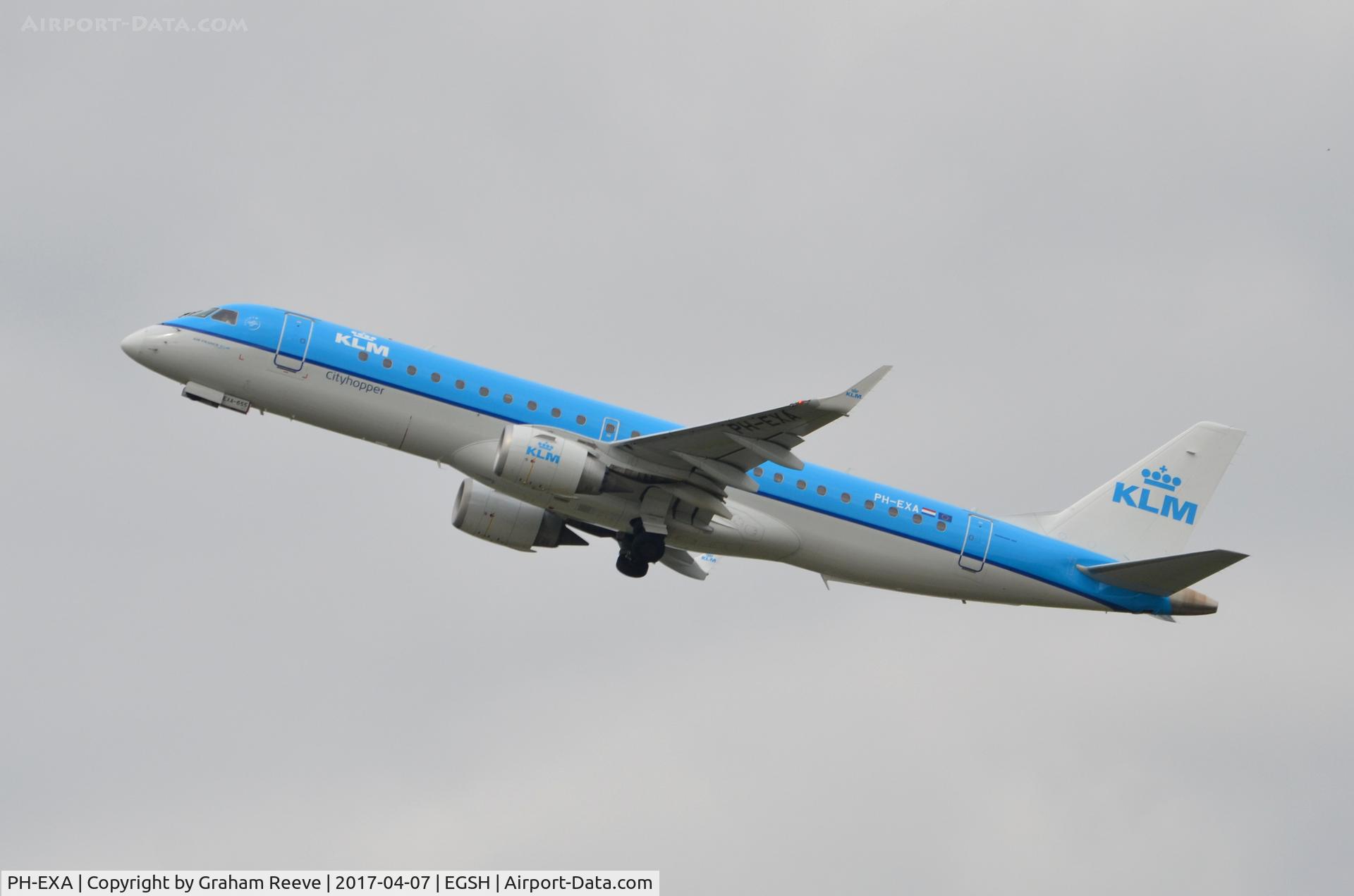 PH-EXA, 2013 Embraer 190LR (ERJ-190-100LR) C/N 19000655, Departing from Norwich.