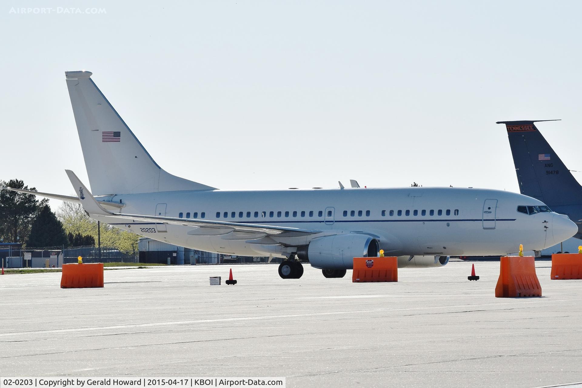 02-0203, 2002 Boeing C-40C Clipper (737-7BC BBJ) C/N 33434, Parked on Idaho ANG ramp. 201st Airlift Sq., 113th Wing, DC ANG, Joint Base Andrews, MD.