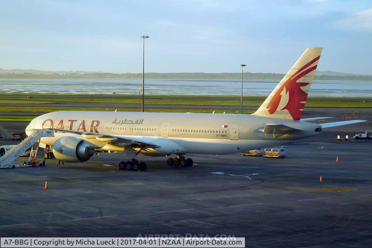 A7-BBG, 2010 Boeing 777-2DZ/LR C/N 36101, Resting in the morning sun before the ultra-long haul flight back to Doha