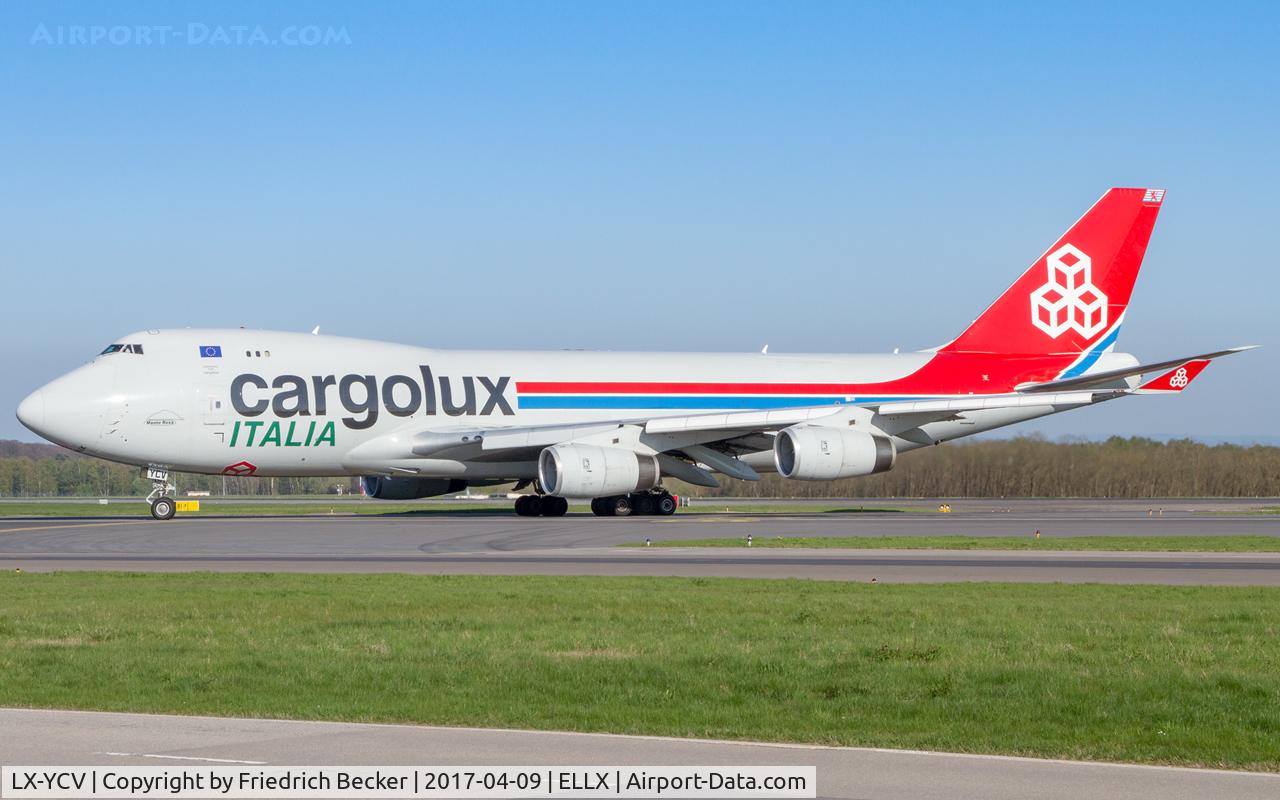 LX-YCV, 2008 Boeing 747-4R7F/SCD C/N 35805/1407, taxiing to the cargo centre