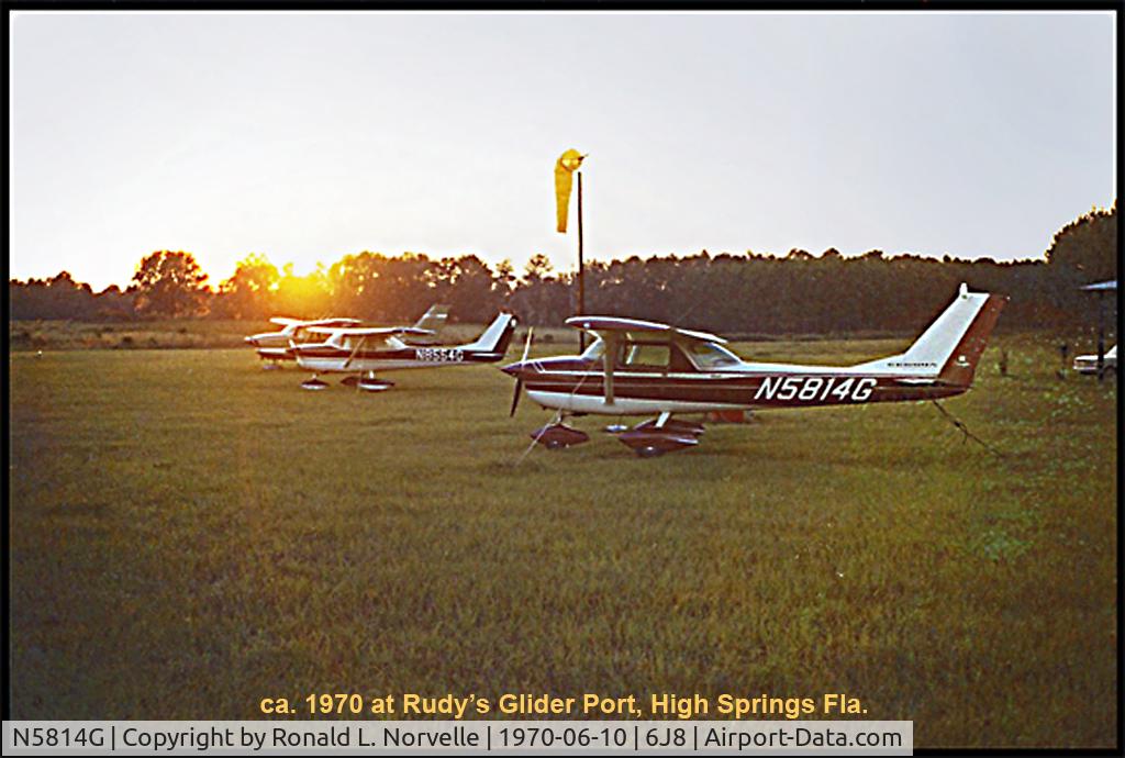 N5814G, 1969 Cessna 150K C/N 15071314, This is the plane in which I learned to fly. Flight instructor, Rudolph 'Rudy' Glover. at this time 6J8 was Rudy's Gliderport, which was located 3/4 mile East of the present location of the present active field.