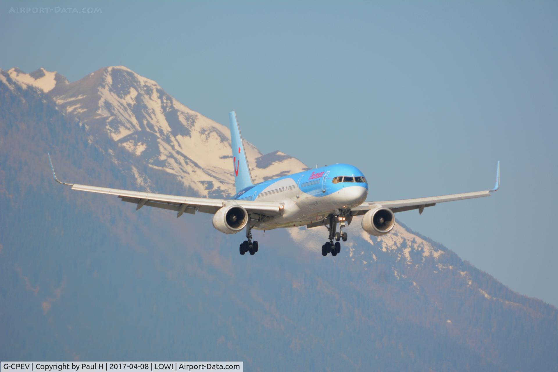 G-CPEV, 1999 Boeing 757-236 C/N 29943, Thomson B757 landing at LOWI, Innsbruck with the austrian alps in the background