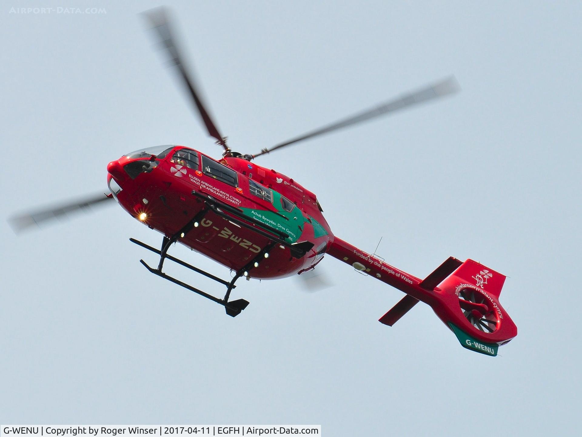 G-WENU, 2016 Airbus Helicopters H-145 (BK-117D-2) C/N 20112, Wales Air Ambulance's newest helicopter (Helimed 57) based at Dafen, Llanelli since late March/early April 2017 seen making a practice aproach to Runway 22 at Swansea Airport.