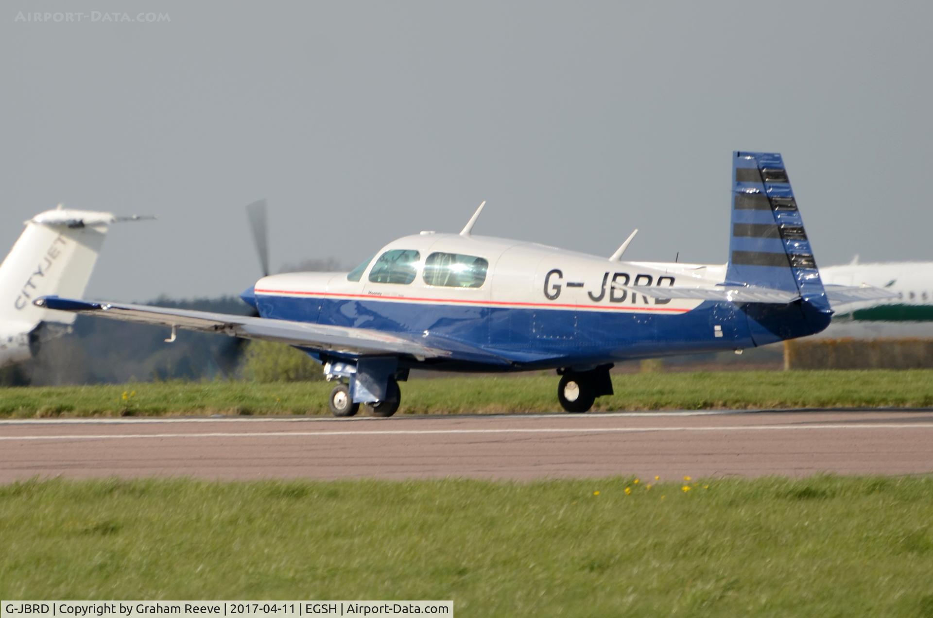 G-JBRD, 1985 Mooney M20K C/N 25-1001, About to depart from Norwich.
