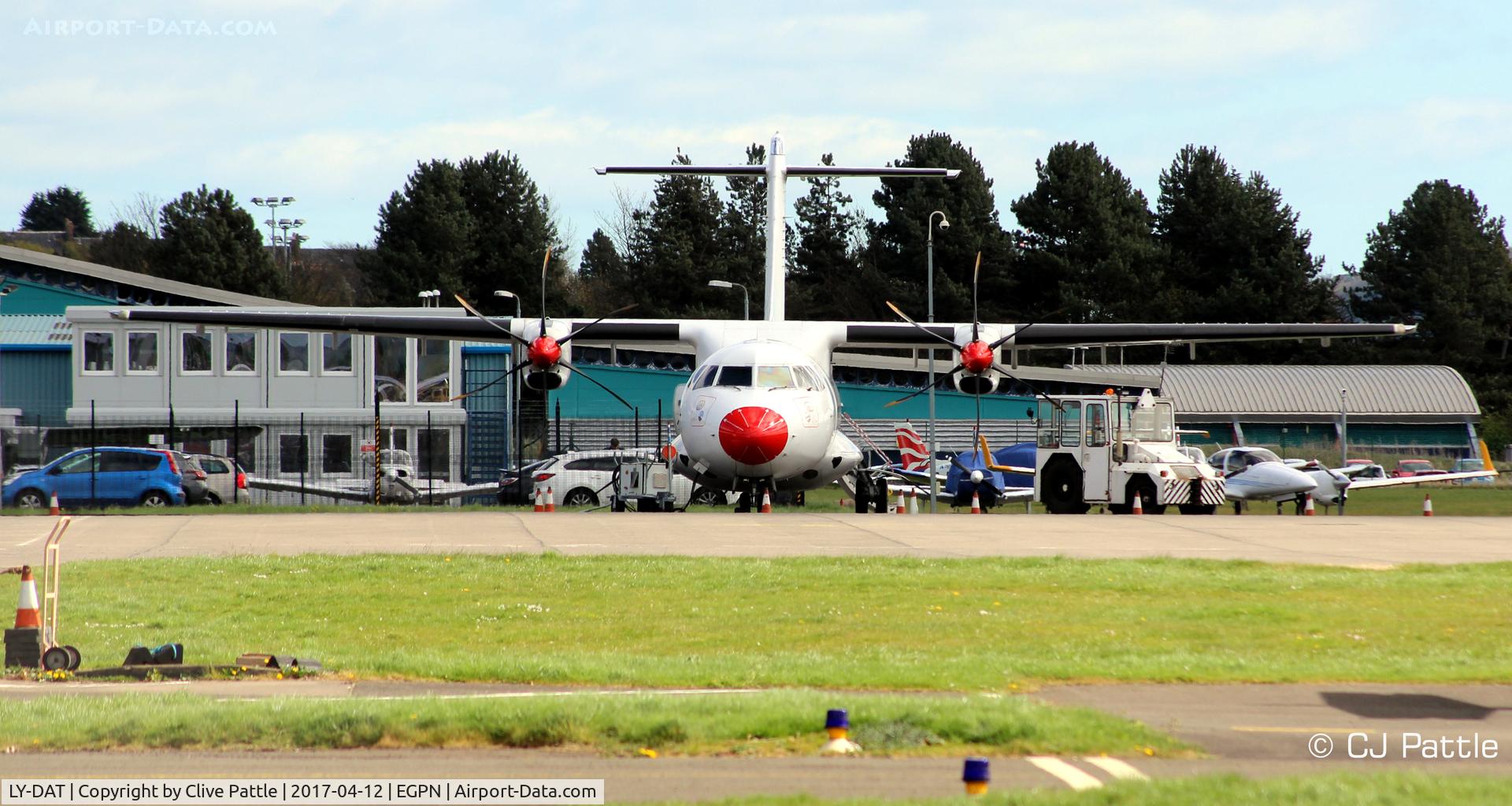 LY-DAT, 1994 ATR 42-500 C/N 445, Currently leased from DAT to Flybe/Loganair for the Dundee to Stansted route until May 2017. Seen on the apron at EGPN.
