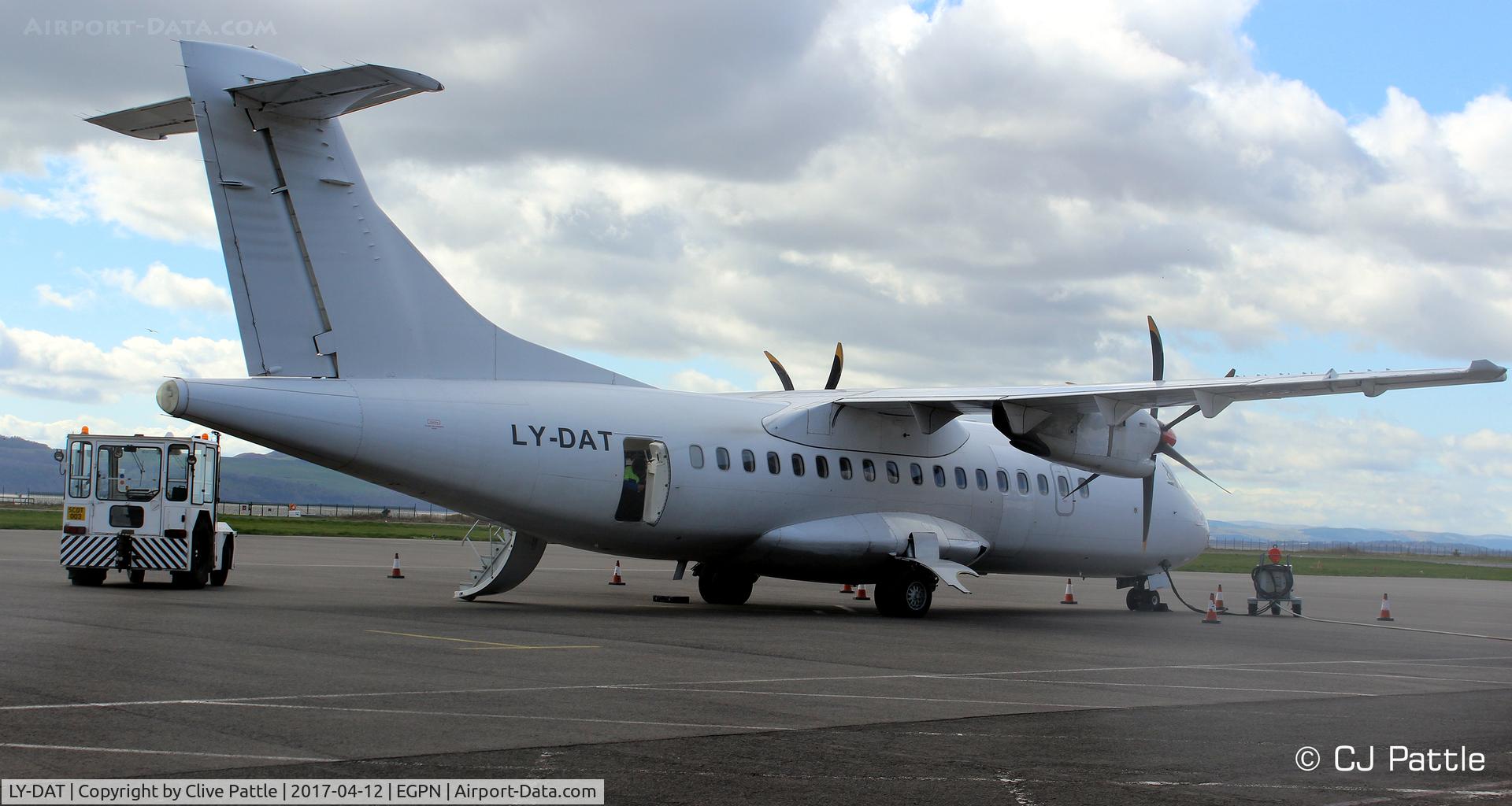 LY-DAT, 1994 ATR 42-500 C/N 445, Currently leased from DAT to Flybe/Loganair for the Dundee to Stansted route until May 2017. Seen on the apron at EGPN.