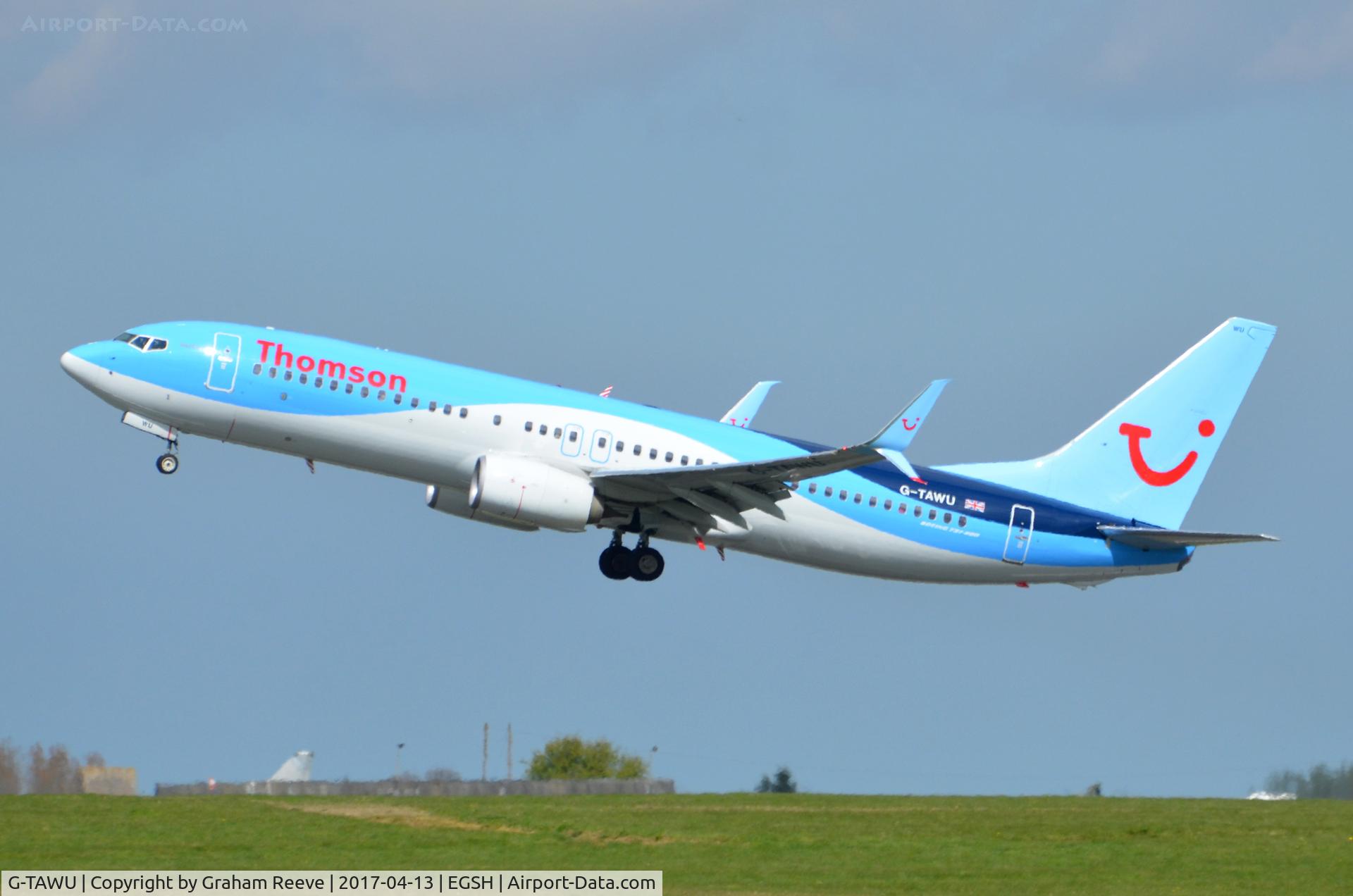 G-TAWU, 2014 Boeing 737-8K5 C/N 37263, Departing from Norwich.