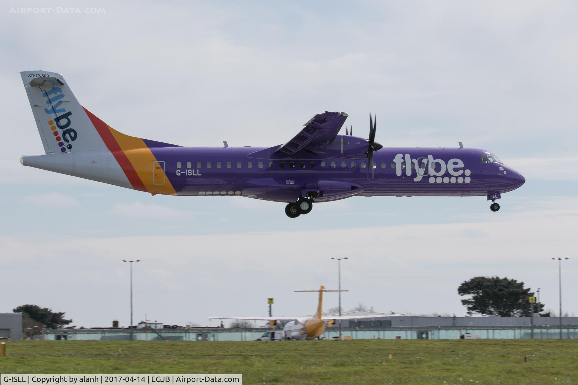 G-ISLL, 2002 ATR 72-212A C/N 696, Blue Islands owned but in the colours of their franchise partner Flybe, landing at Guernsey