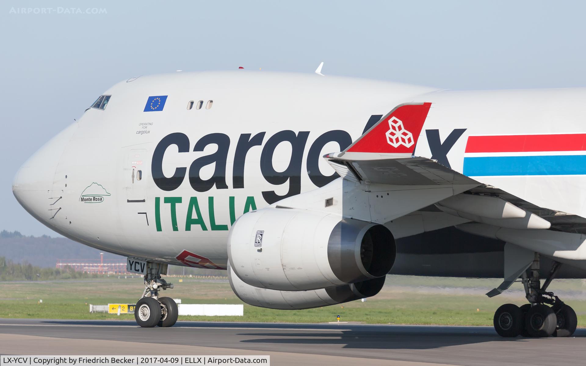 LX-YCV, 2008 Boeing 747-4R7F/SCD C/N 35805/1407, taxiing to the cargo ramp