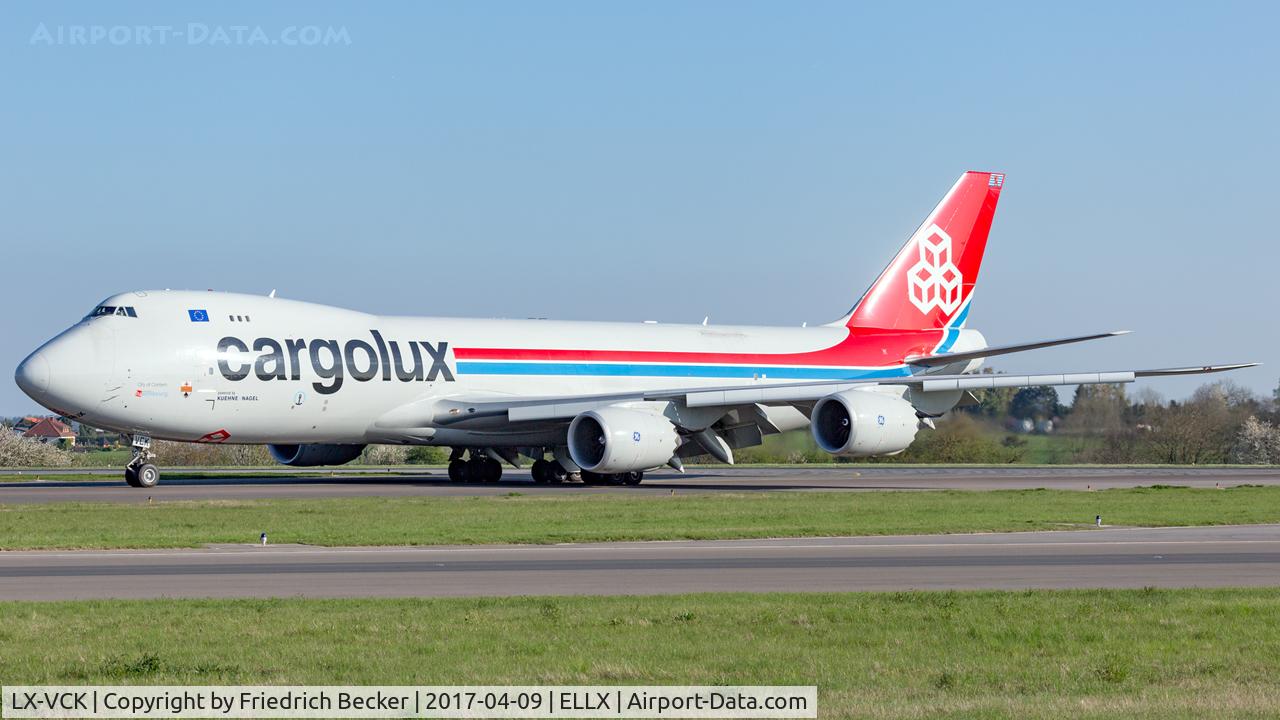 LX-VCK, 2014 Boeing 747-8R7F C/N 38078, taxiing to the cargo ramp