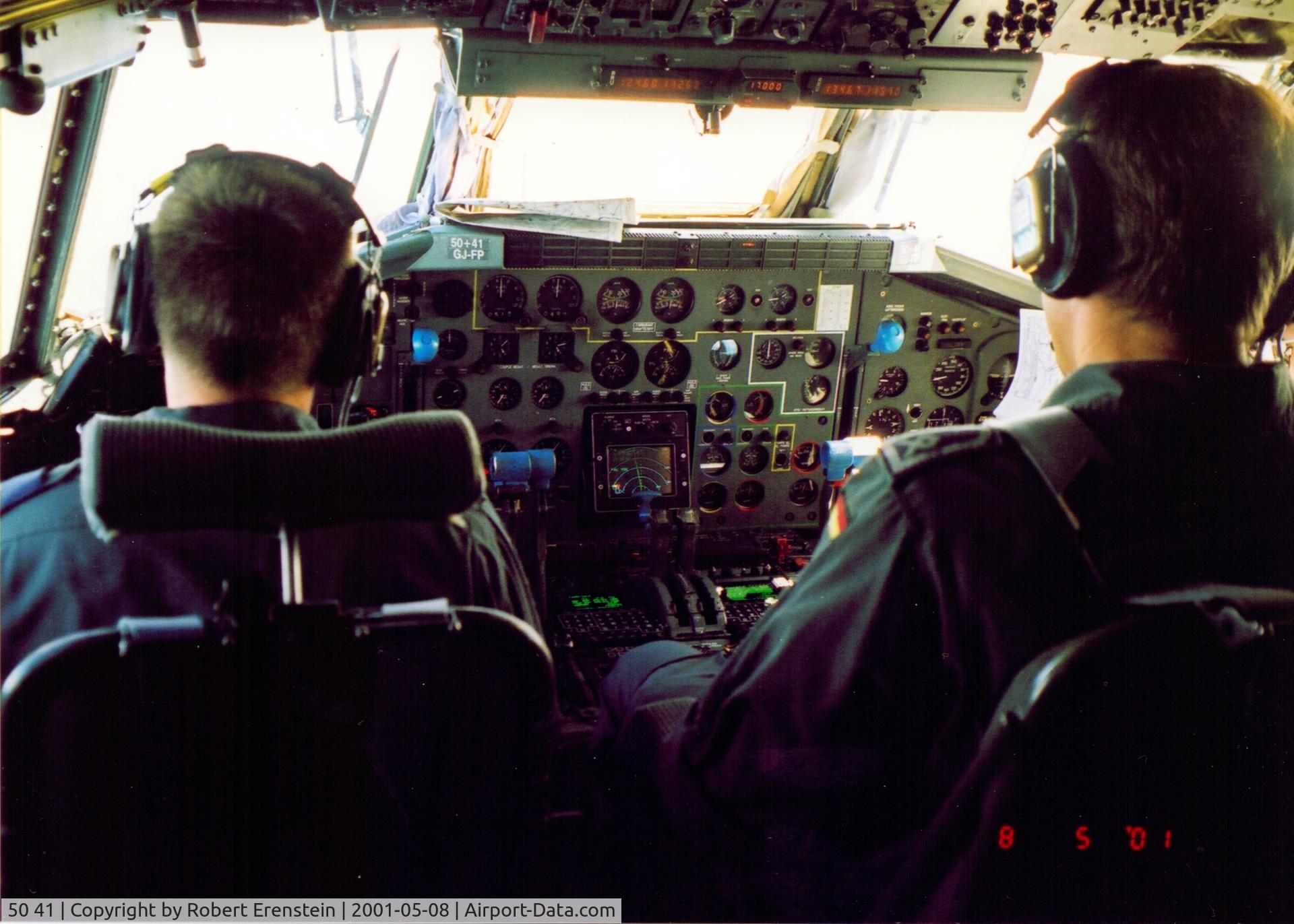 50 41, Transall C-160D C/N D63, Cockpit picture, taken on 8 May 2001, between Split in Croatia and Sarajevo in Bosnia and Herzegovina.