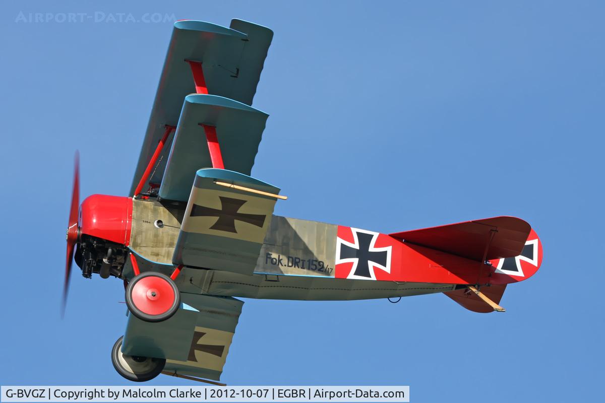 G-BVGZ, 1994 Fokker Dr.1 Triplane Replica C/N PFA 238-12654, Fokker DR1 Triplane Replica at Breighton Airfield's Hibernation Fly-In. October 7th 2012.