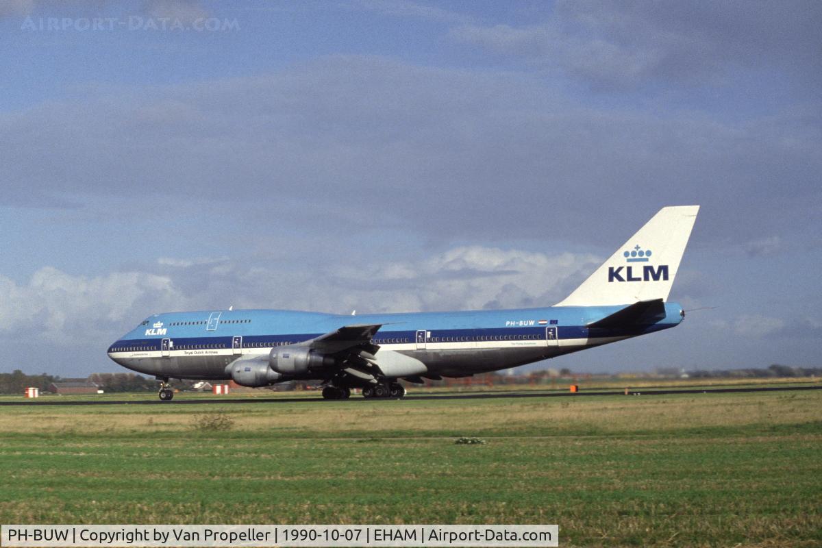 PH-BUW, 1986 Boeing 747-306M C/N 23508/657, KLM Boeing 747-306M taking off from Schiphol airport, the Netherlands, 1990