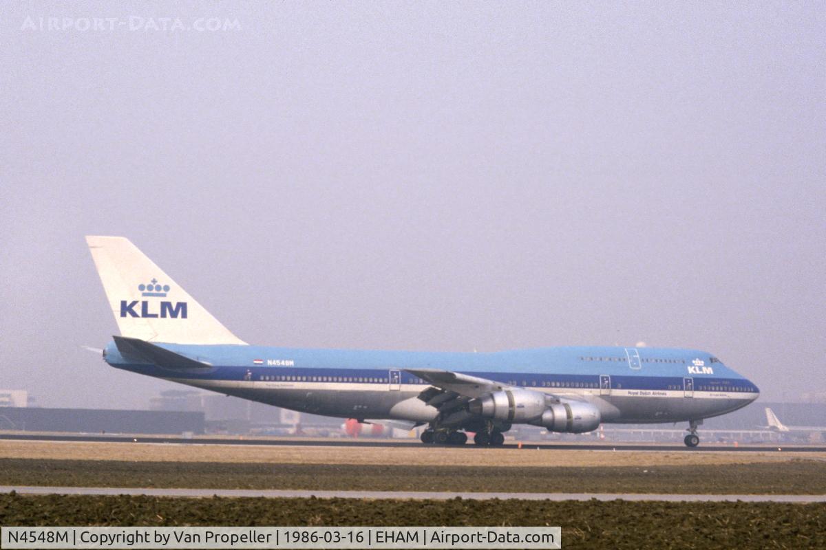 N4548M, 1983 Boeing 747-306M C/N 23056, KLM Boeing 747-306M landing at Schiphol airport, the Netherlands, 1986