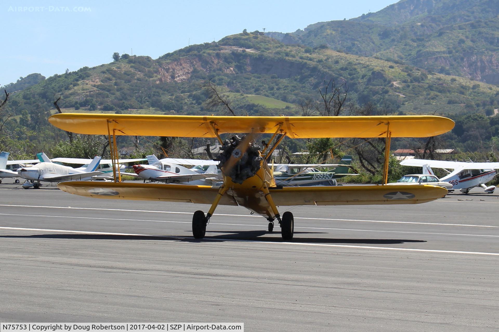N75753, 1942 Boeing A75N1 (PT17) C/N 75-3521, 1942 Boeing Stearman A75N1 (PT-17) as Navy N2S-4, Continental W670 220 Hp radial, taxi off the active