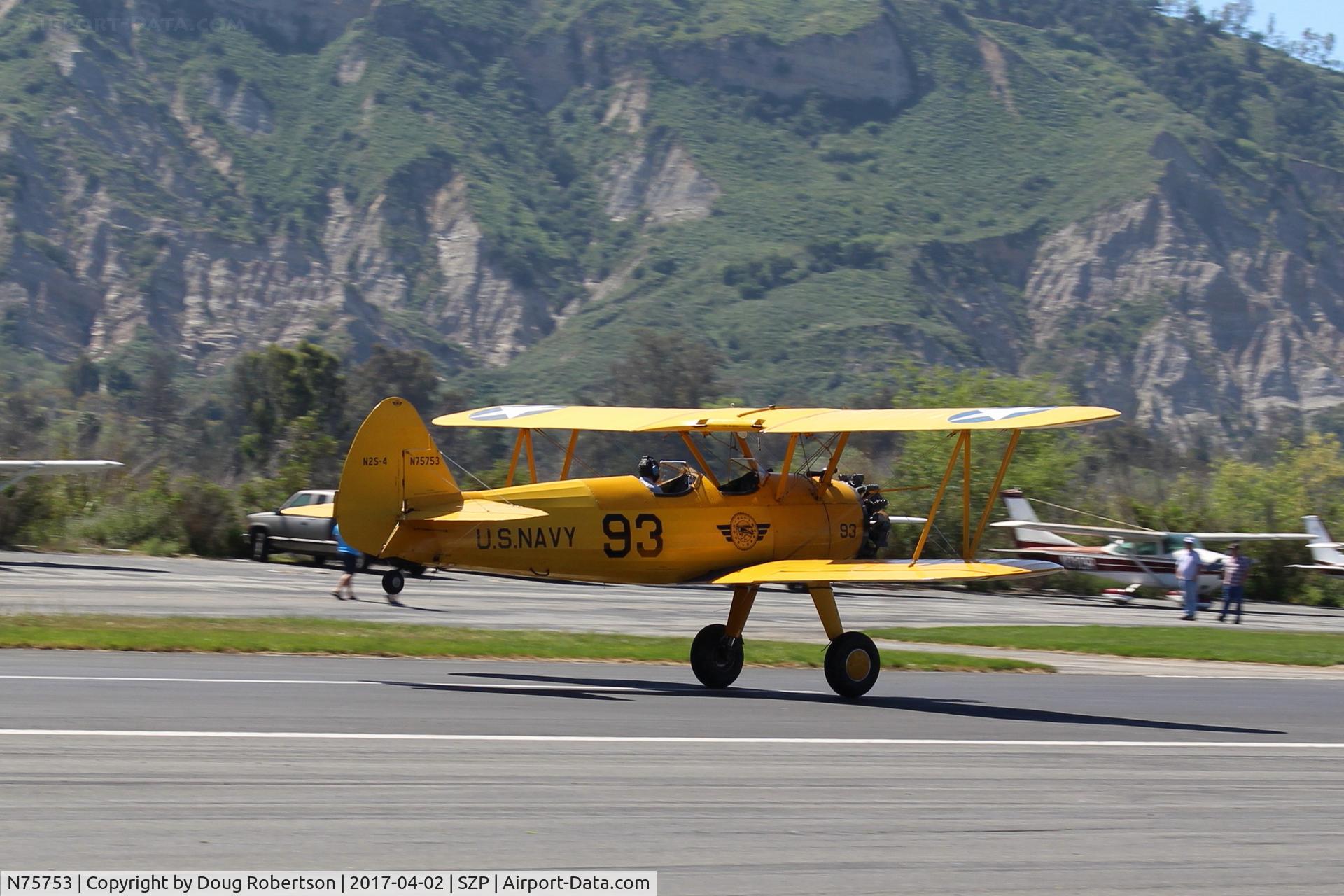 N75753, 1942 Boeing A75N1 (PT17) C/N 75-3521, 1942 Boeing Stearman A75N1 (PPT-17) as Navy N2S-4, Continental W670 220 Hp radial, landing roll Rwy 22