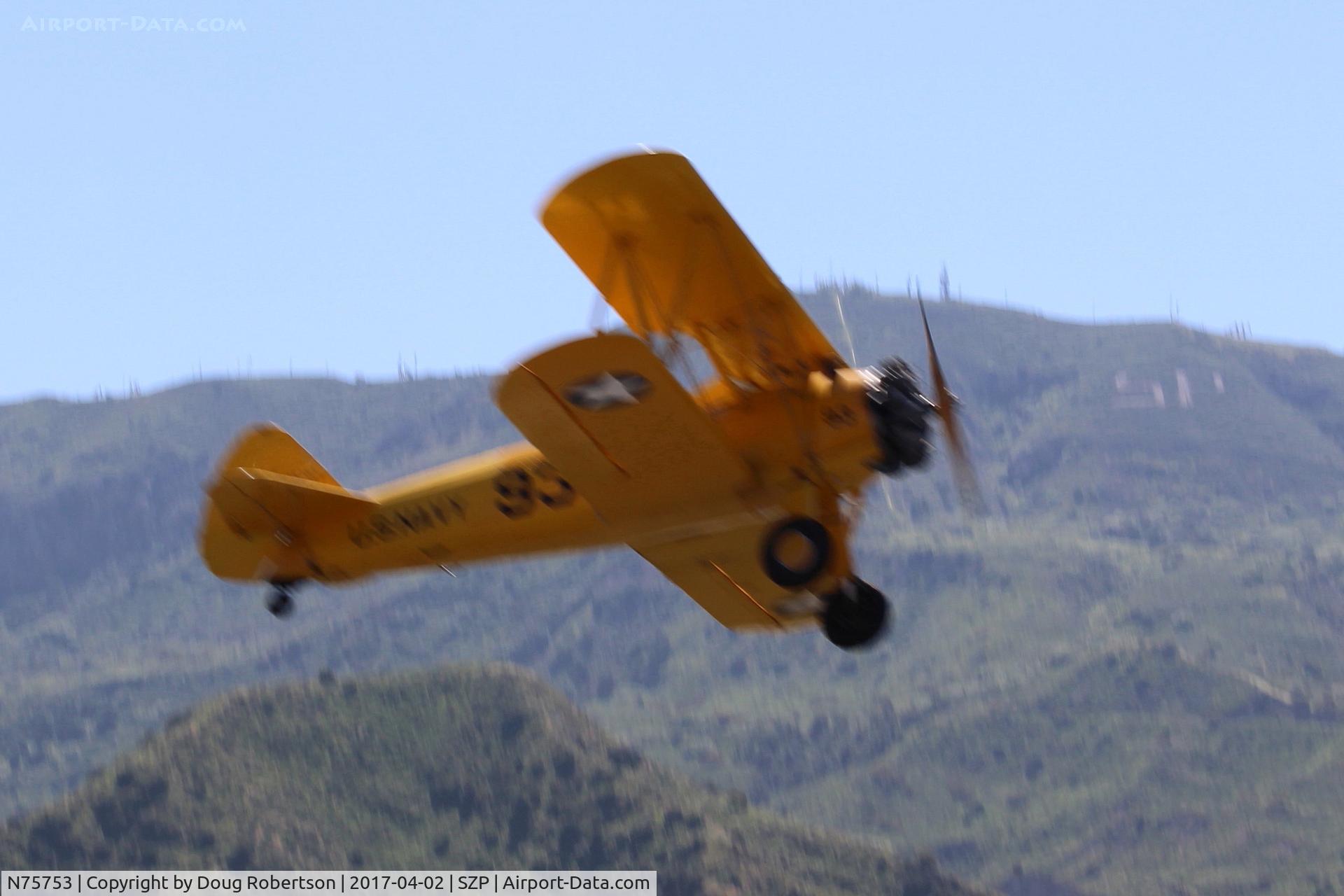 N75753, 1942 Boeing A75N1 (PT17) C/N 75-3521, 1942 Boeing Stearman A75N1 (PT-17) as Navy N2S-4, Continental W670 220 Hp radial, takeoff climb Rwy 22