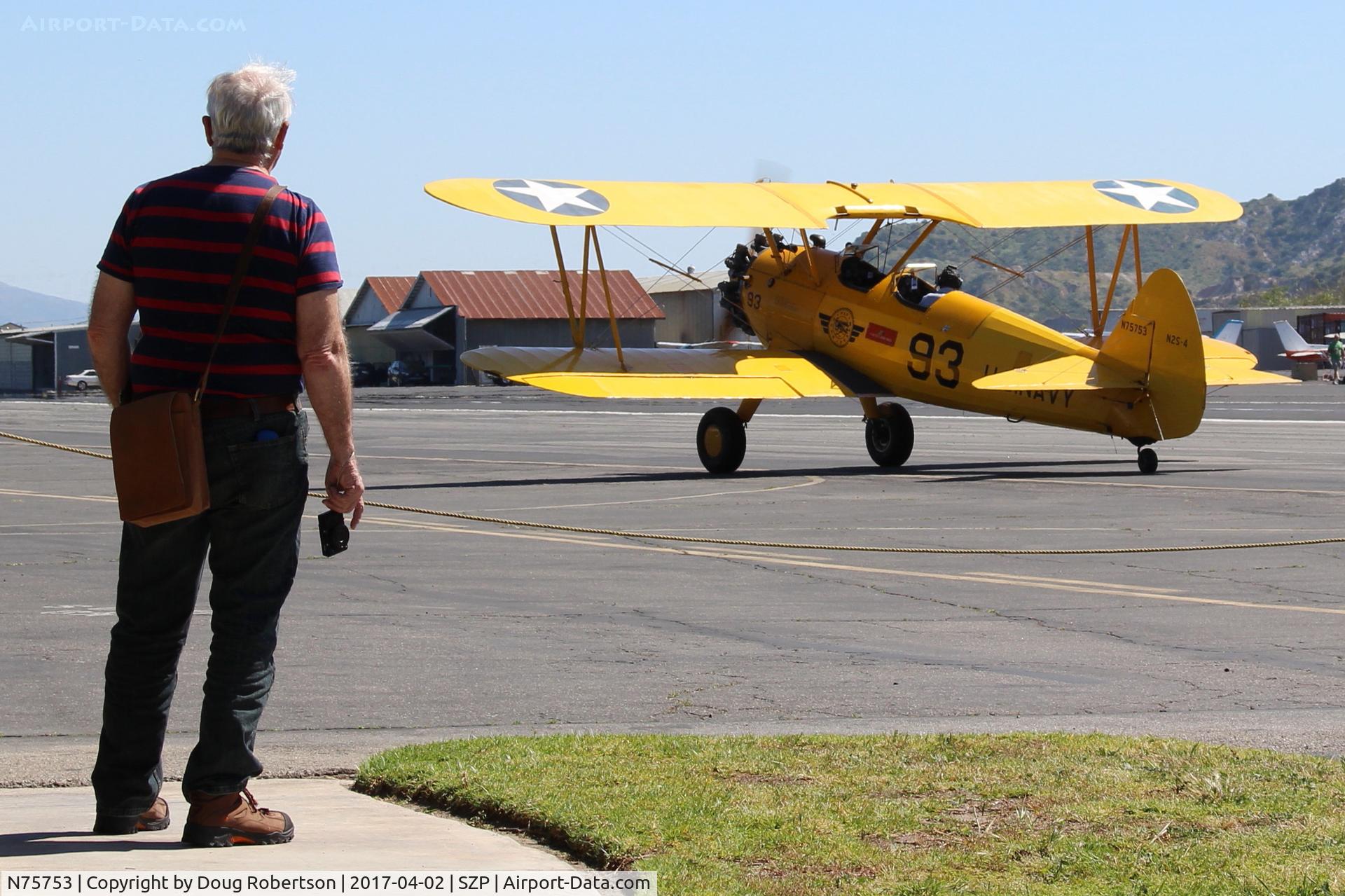 N75753, 1942 Boeing A75N1 (PT17) C/N 75-3521, 1942 Boeing Stearman N75N1 (PT-17) as Navy N2S-4, Continental W670 220 Hp radial, taxi to Rwy 22 for flight exhibition after Aviation Museum of Santa Paula First Sunday Featured Aircraft discussion. Wistful man standing left?