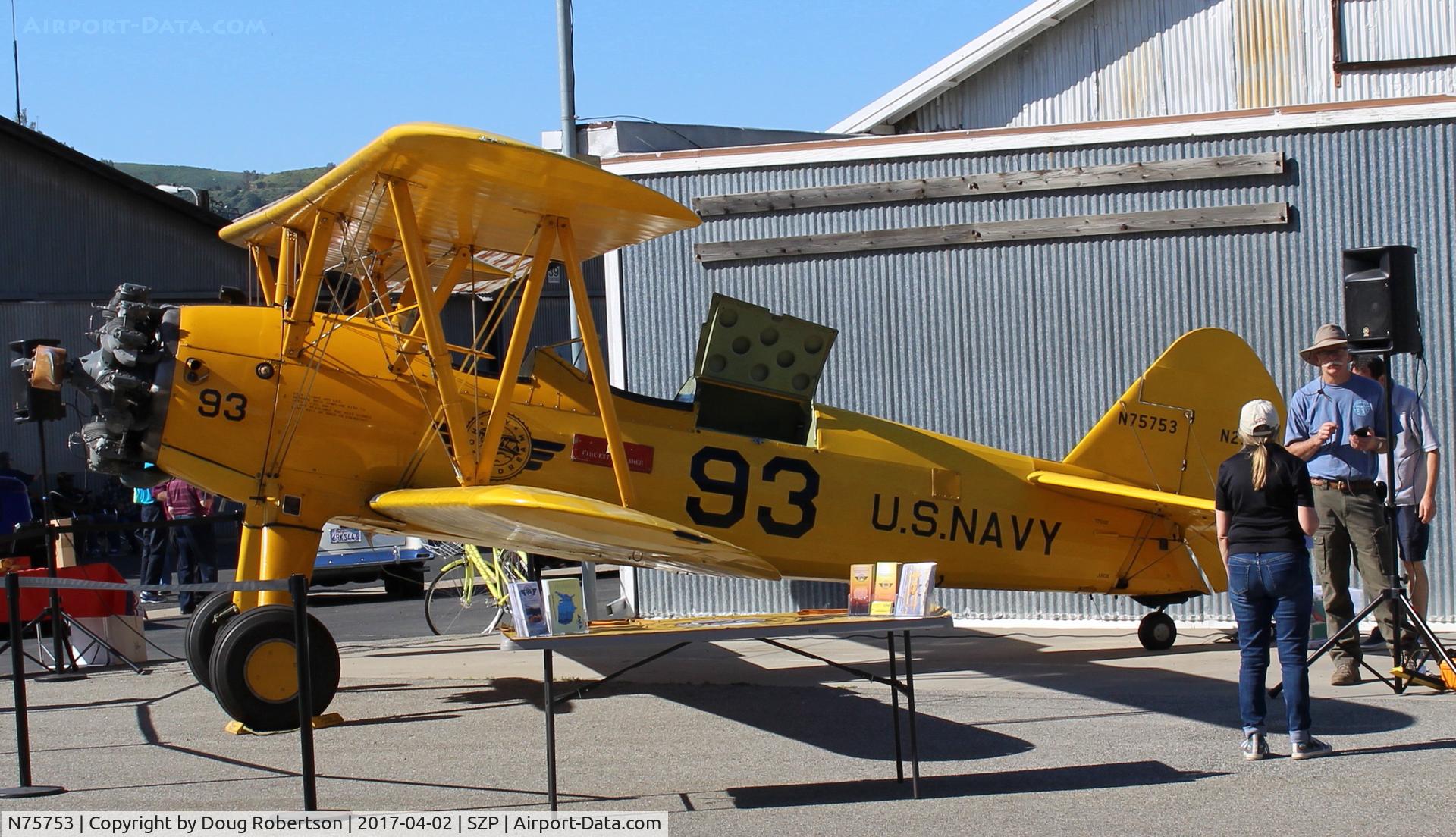 N75753, 1942 Boeing A75N1 (PT17) C/N 75-3521, 1942 Boeing Stearman A75N1 (PT-17) as Navy N2S-4, Featured aircraft amplified discussion at 1100 hours. Aviation Museum of Santa Paula First Sunday Open House. Will also demonstration fly.