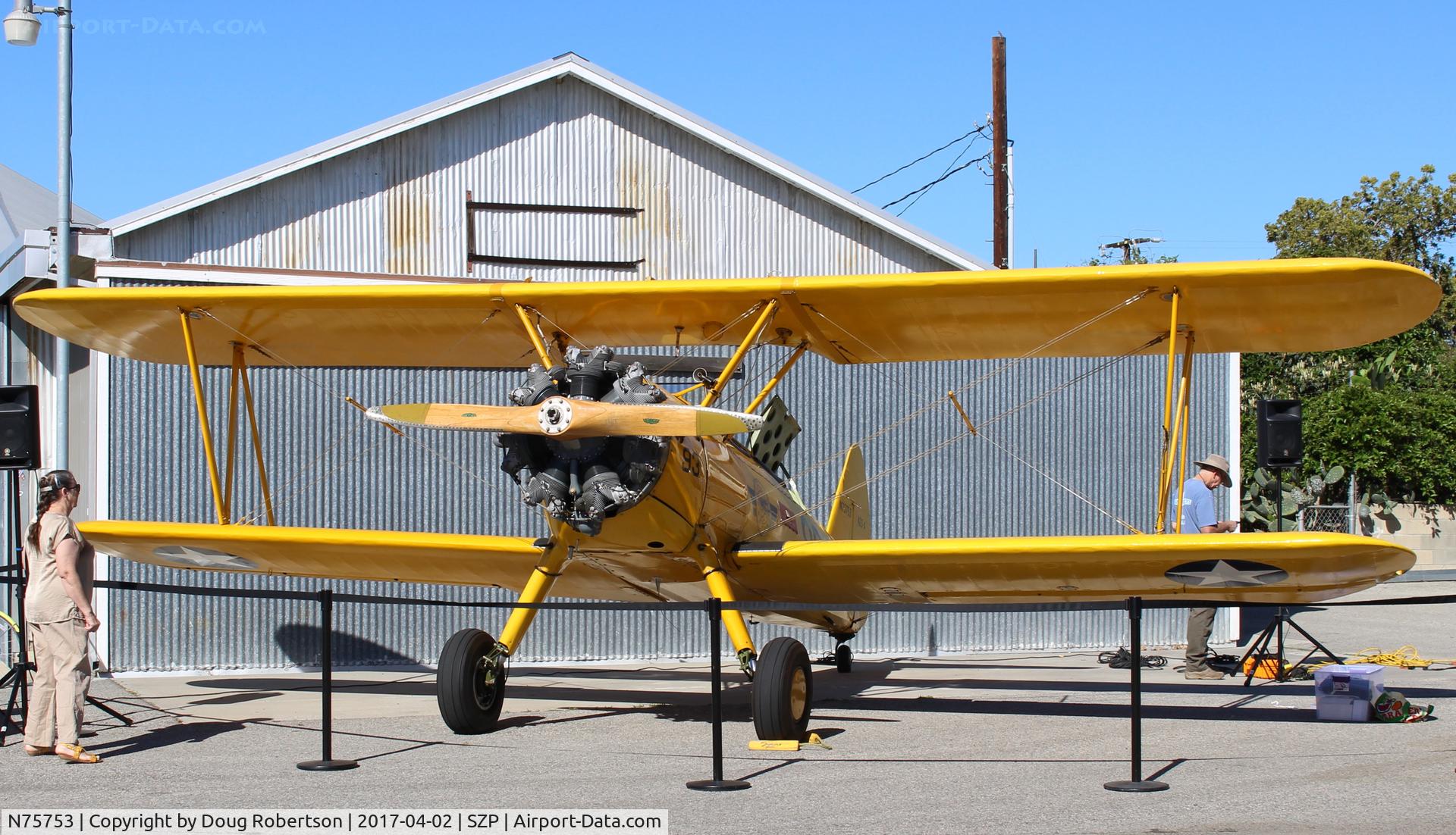 N75753, 1942 Boeing A75N1 (PT17) C/N 75-3521, 1942 Boeing Stearman A75N1 (PT-17) as Navy N2S-4. Aviation Museum of Santa Paula Open House First Sundays-featured aircraft. Amplified discussion at 1100 hours. First Sunday's aircraft differ.