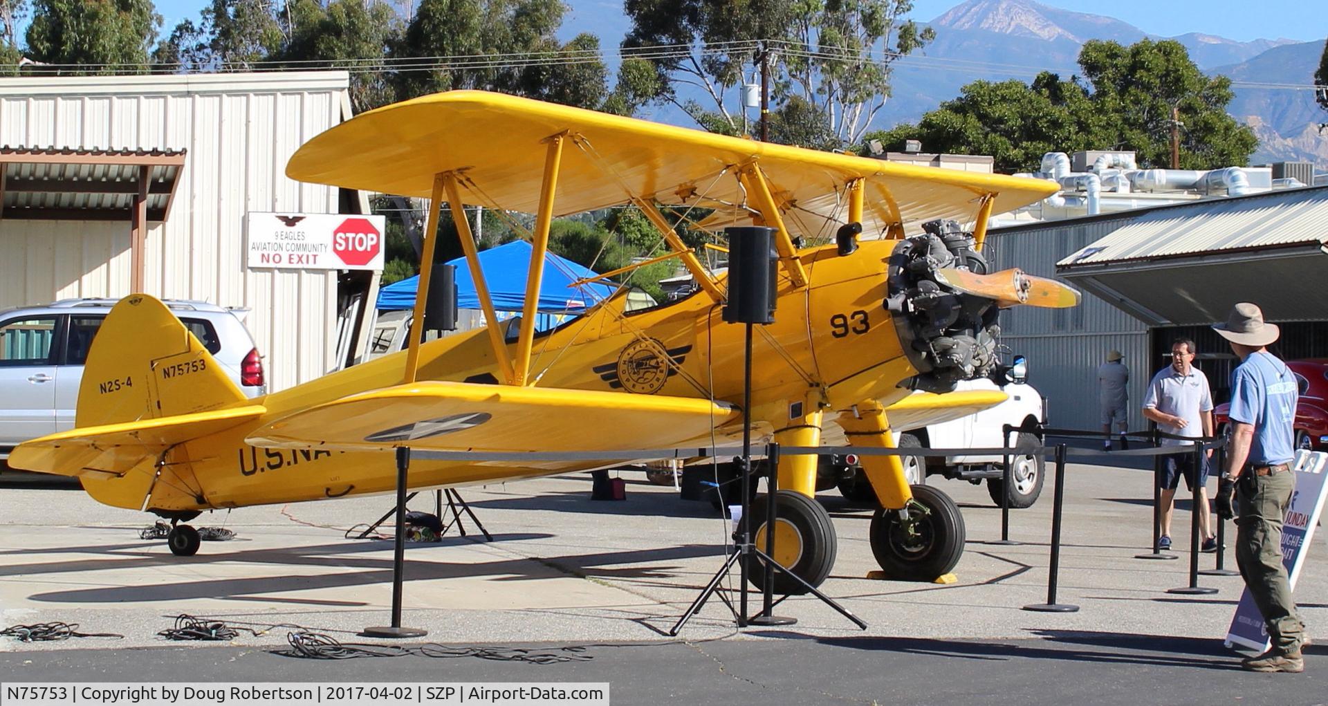 N75753, 1942 Boeing A75N1 (PT17) C/N 75-3521, 1942 Boeing Stearman A75N1 (PT-17) as Navy N2S-4. Continental W670 220 Hp 7 cylinder radial. Featured aircraft discussion at 1100 hours this First Sunday-Aviation Museum of Santa Paula.